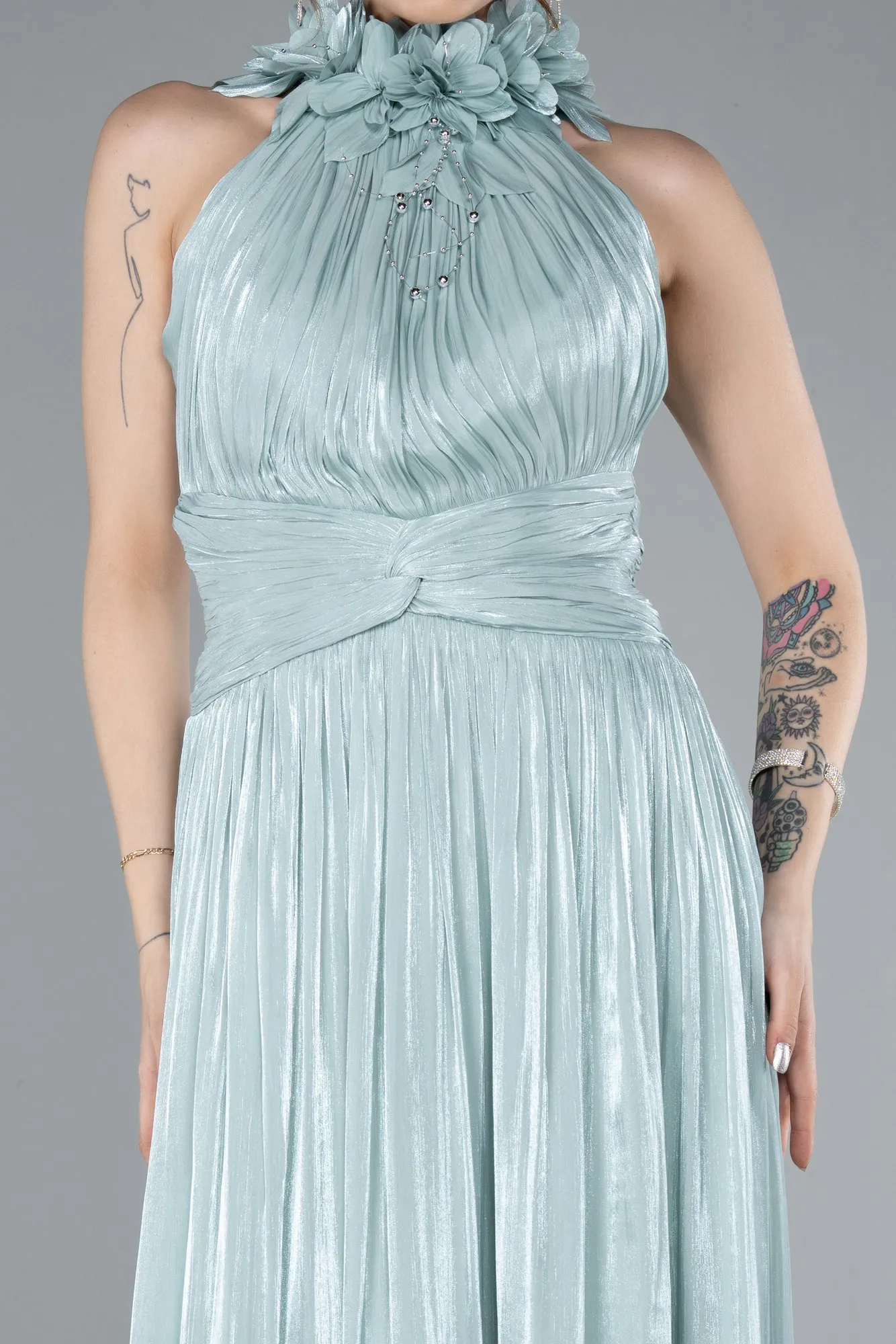 Mint-Halter Neck Long Chiffon Evening Dress ABU4811
