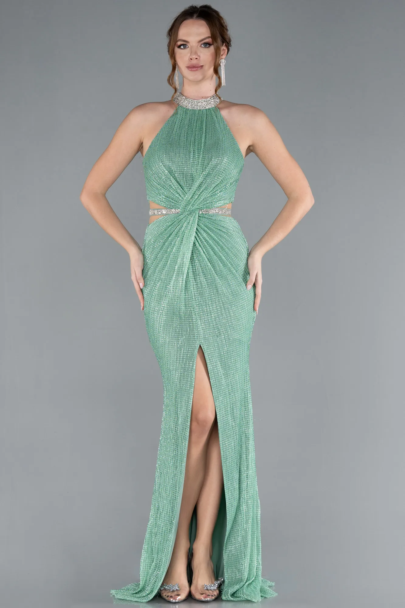 Mint-Halter Neck Slit Long Glitter Mermaid Evening Gown ABU4766