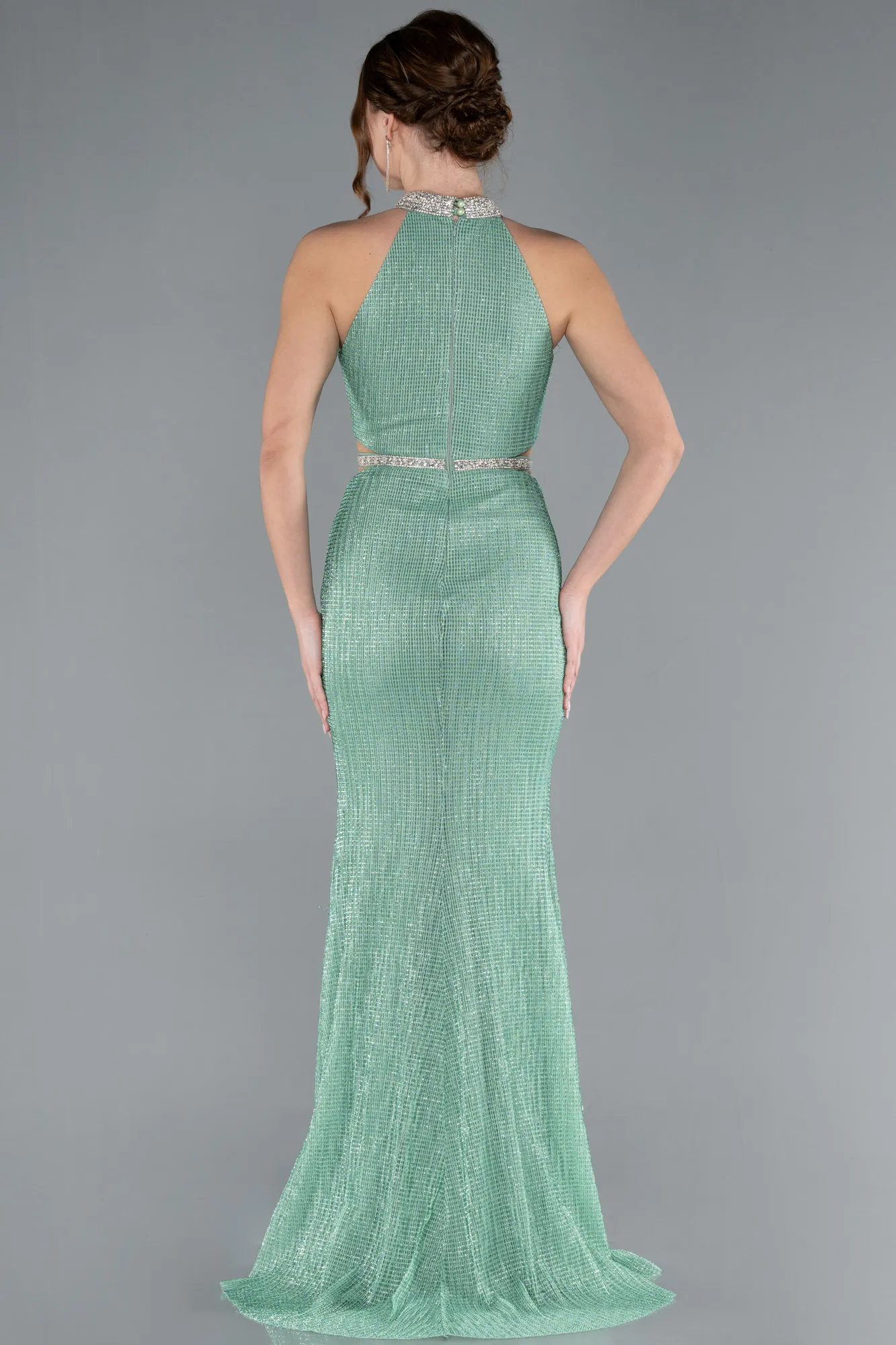 Mint-Halter Neck Slit Long Glitter Mermaid Evening Gown ABU4766