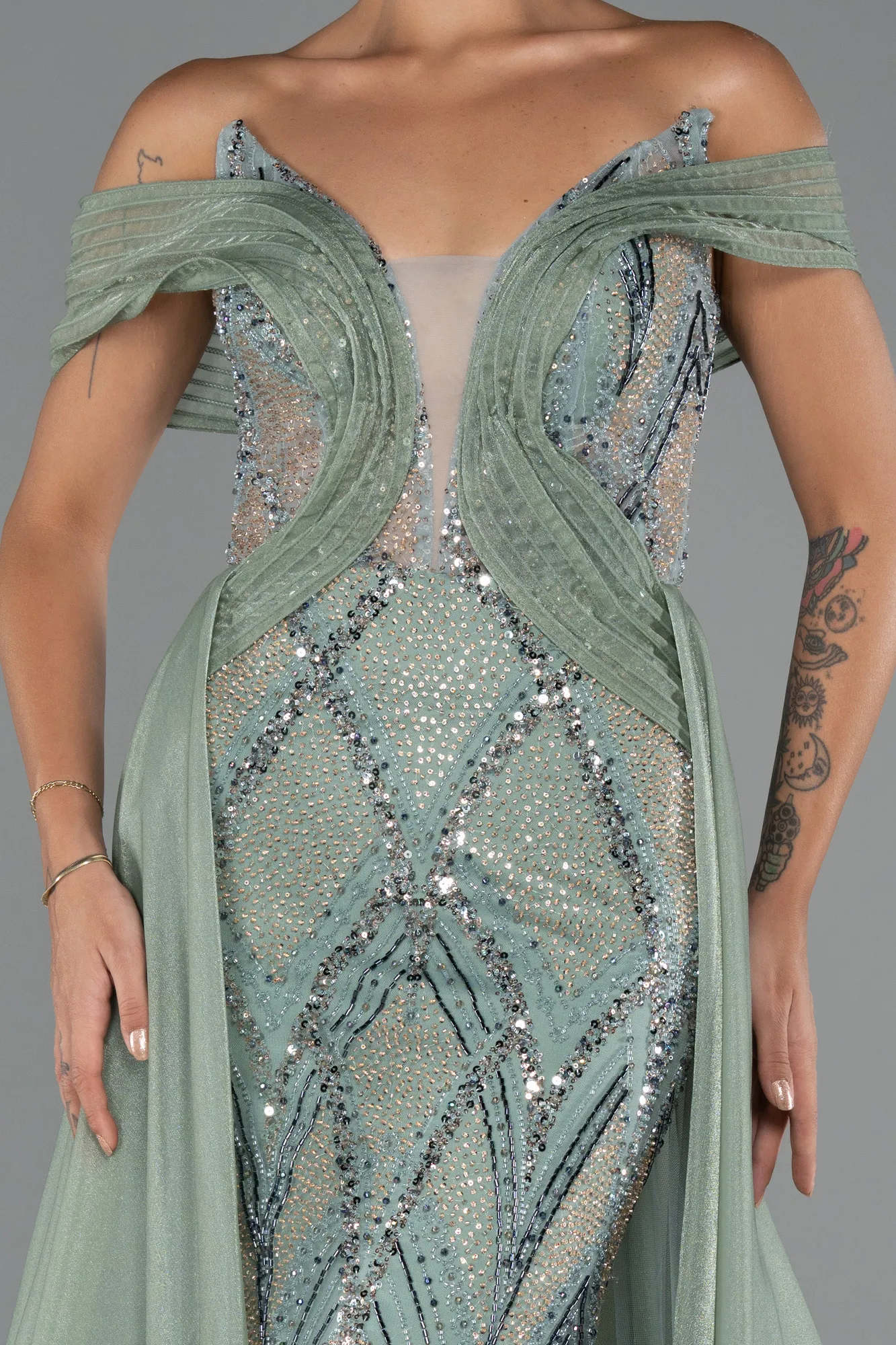 Mint-Long Beaded Haute Couture Dress ABU5254