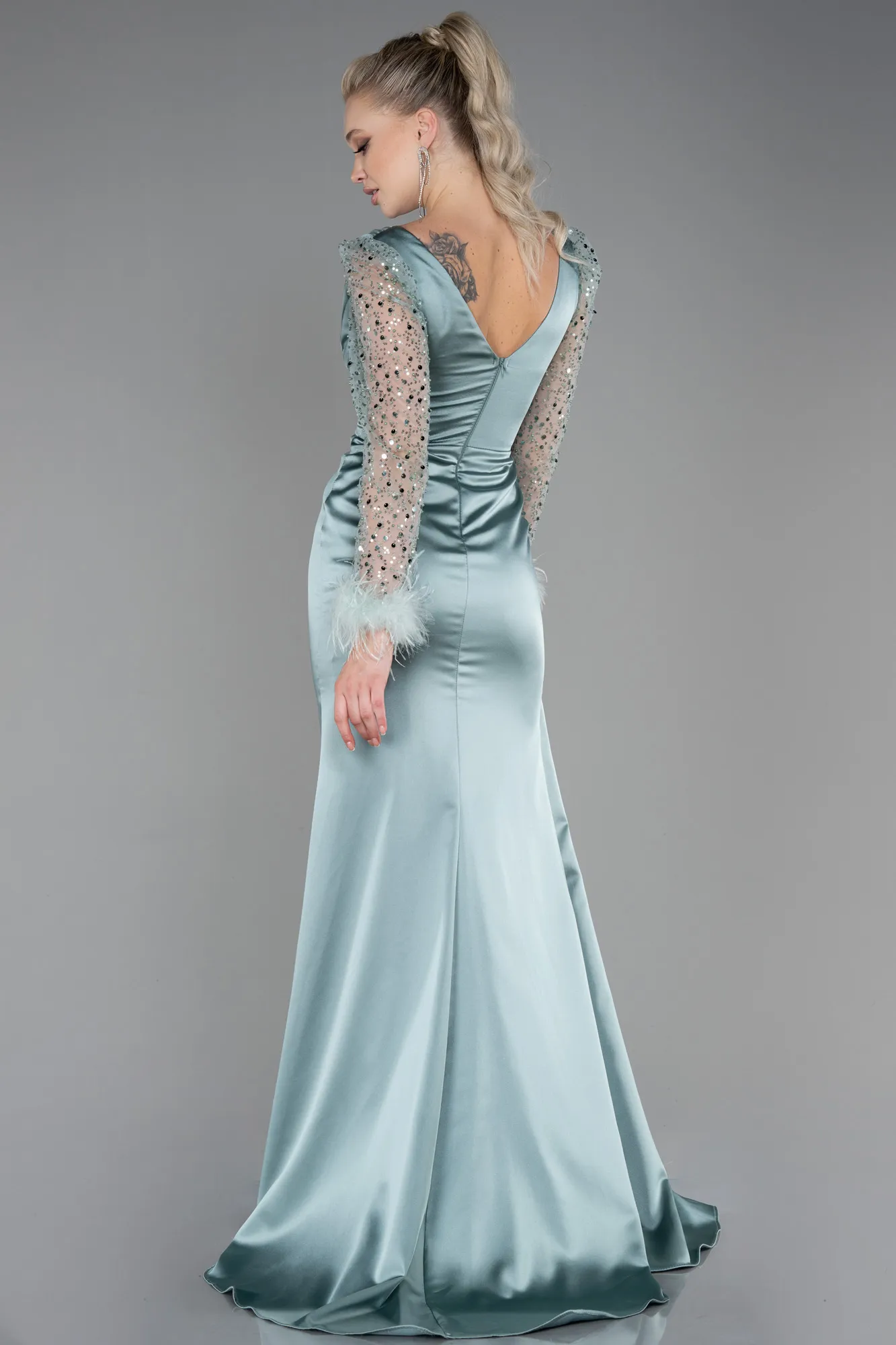 Mint-Long Satin Evening Dress ABU3080