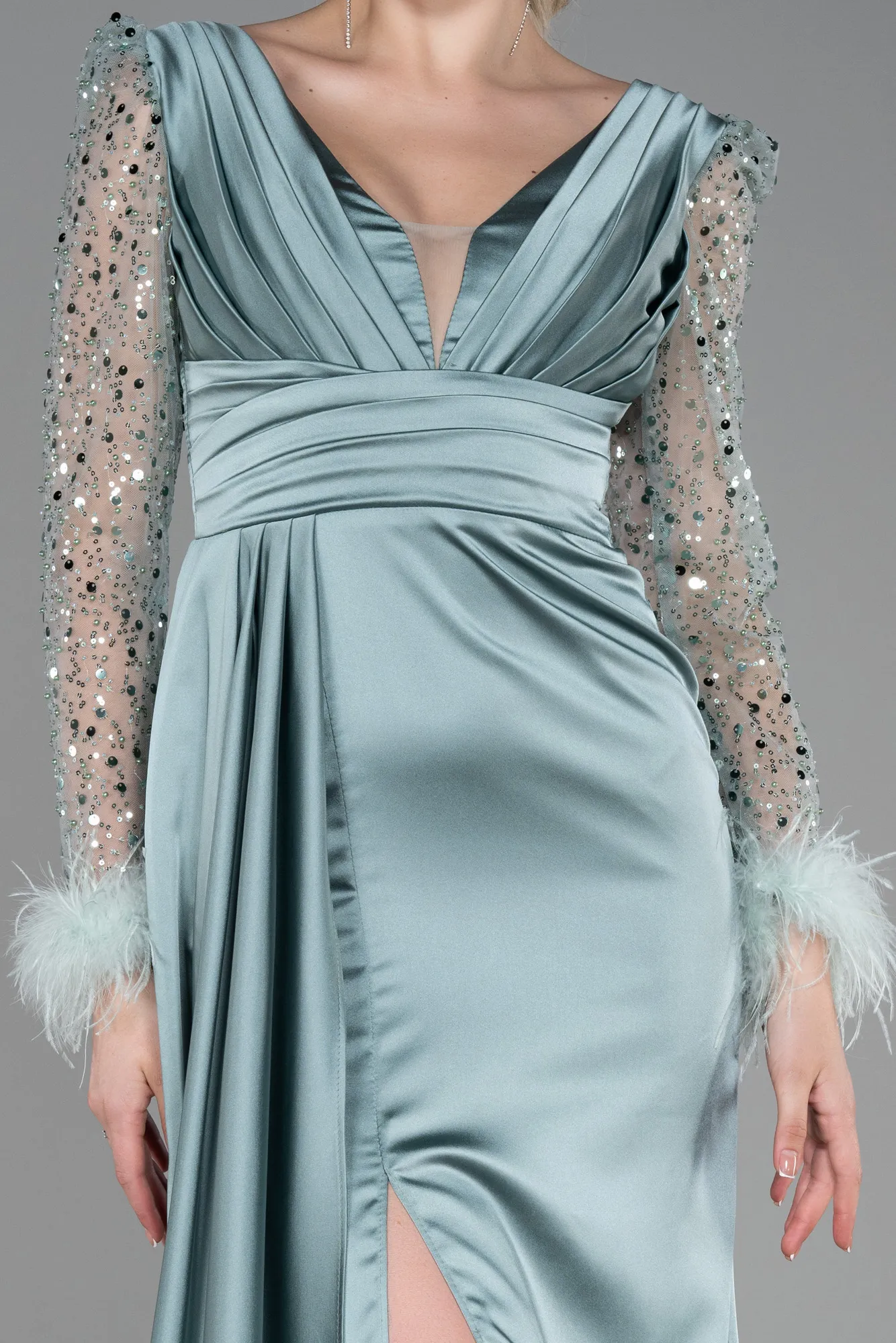 Mint-Long Satin Evening Dress ABU3080