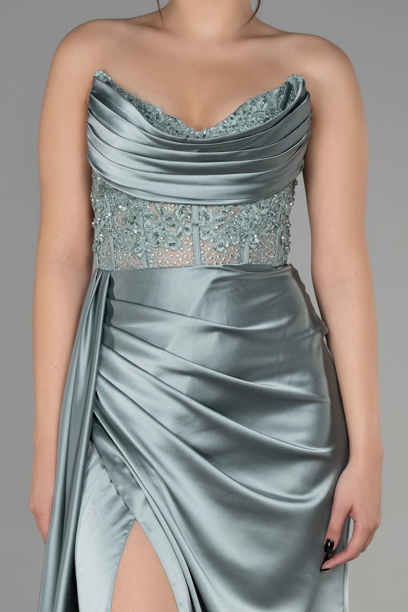 Mint-Long Satin Evening Dress ABU3447