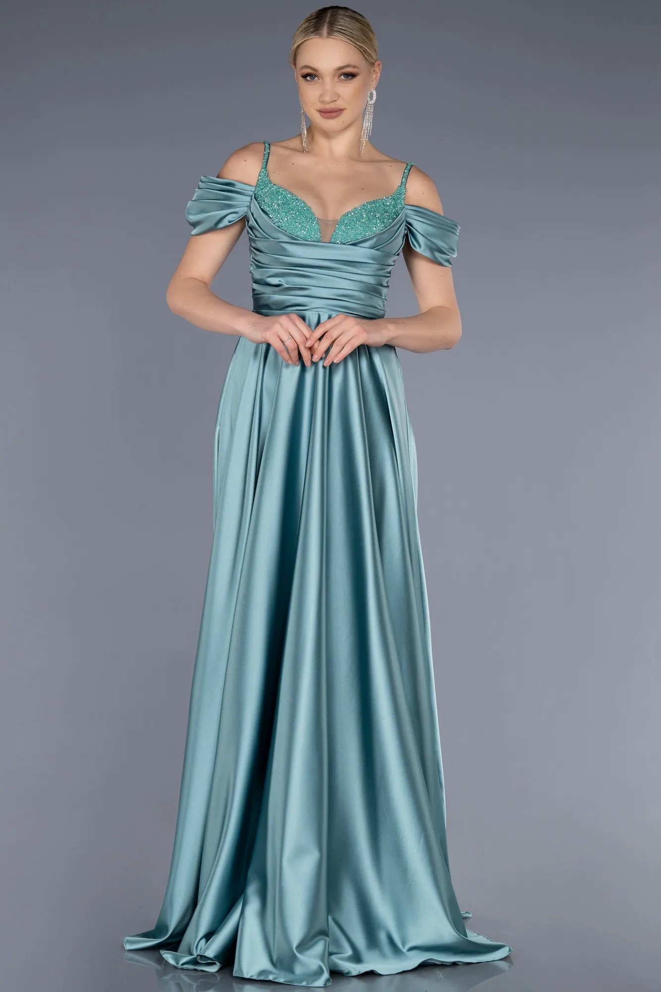 Mint-Long Satin Evening Dress ABU3678