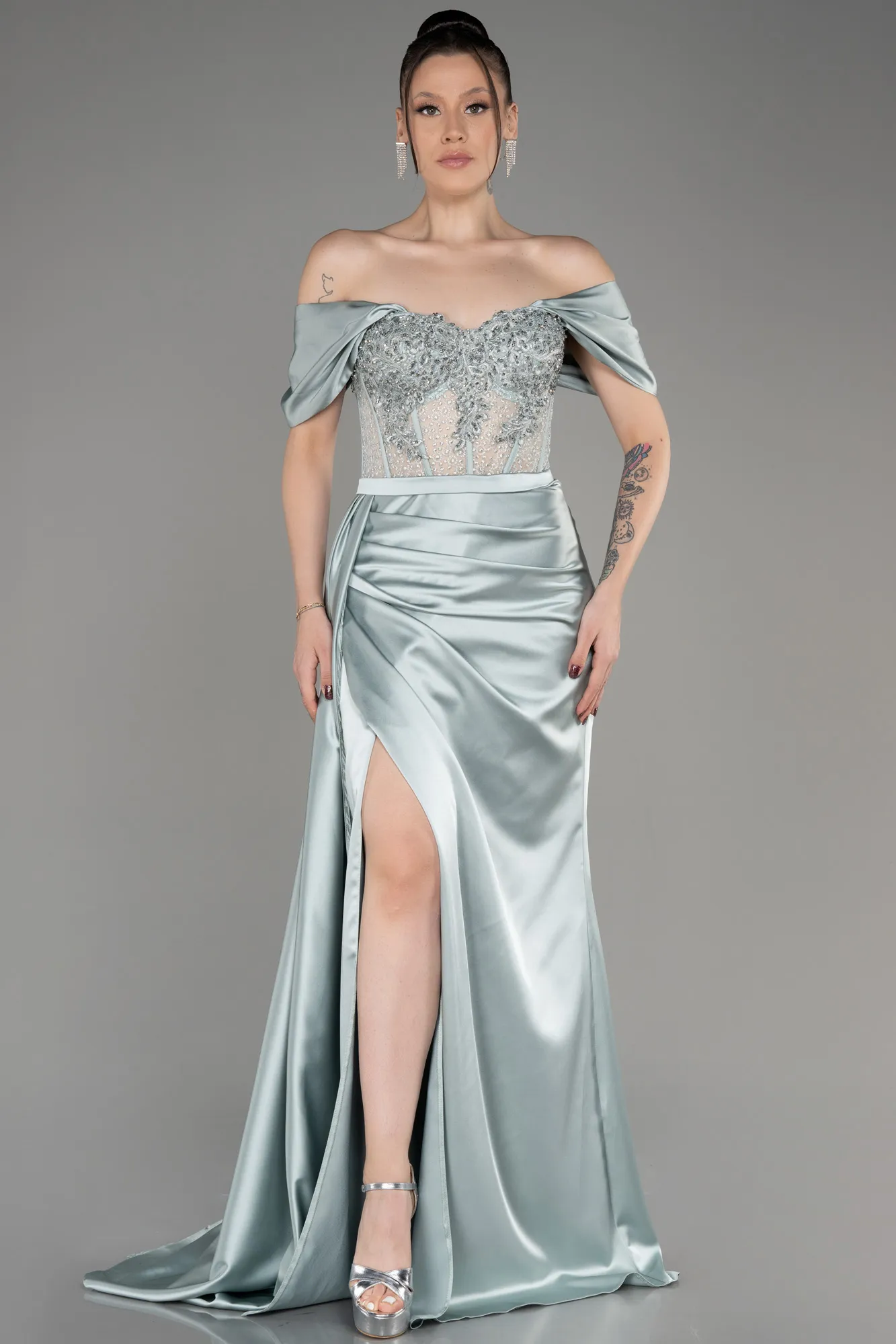 Mint-Long Satin Evening Dress ABU3895