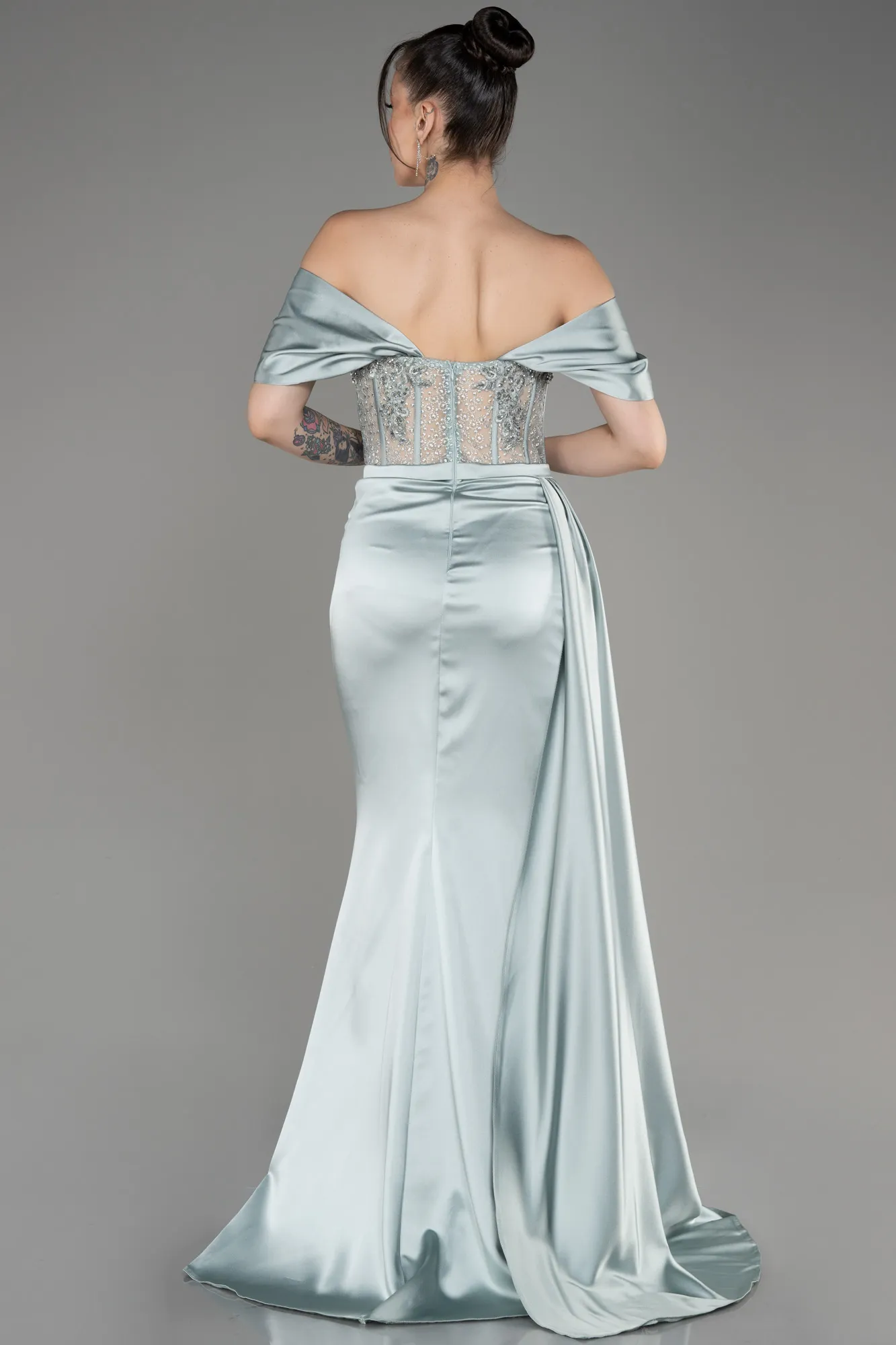 Mint-Long Satin Evening Dress ABU3895