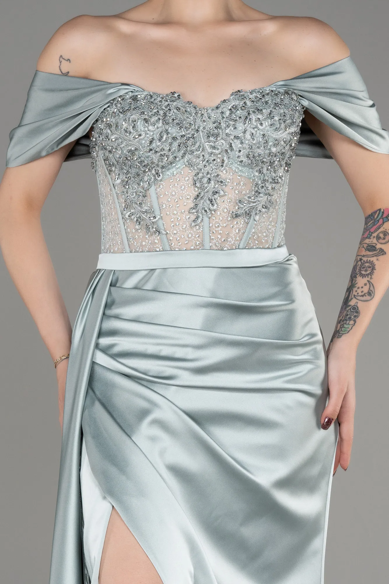 Mint-Long Satin Evening Dress ABU3895