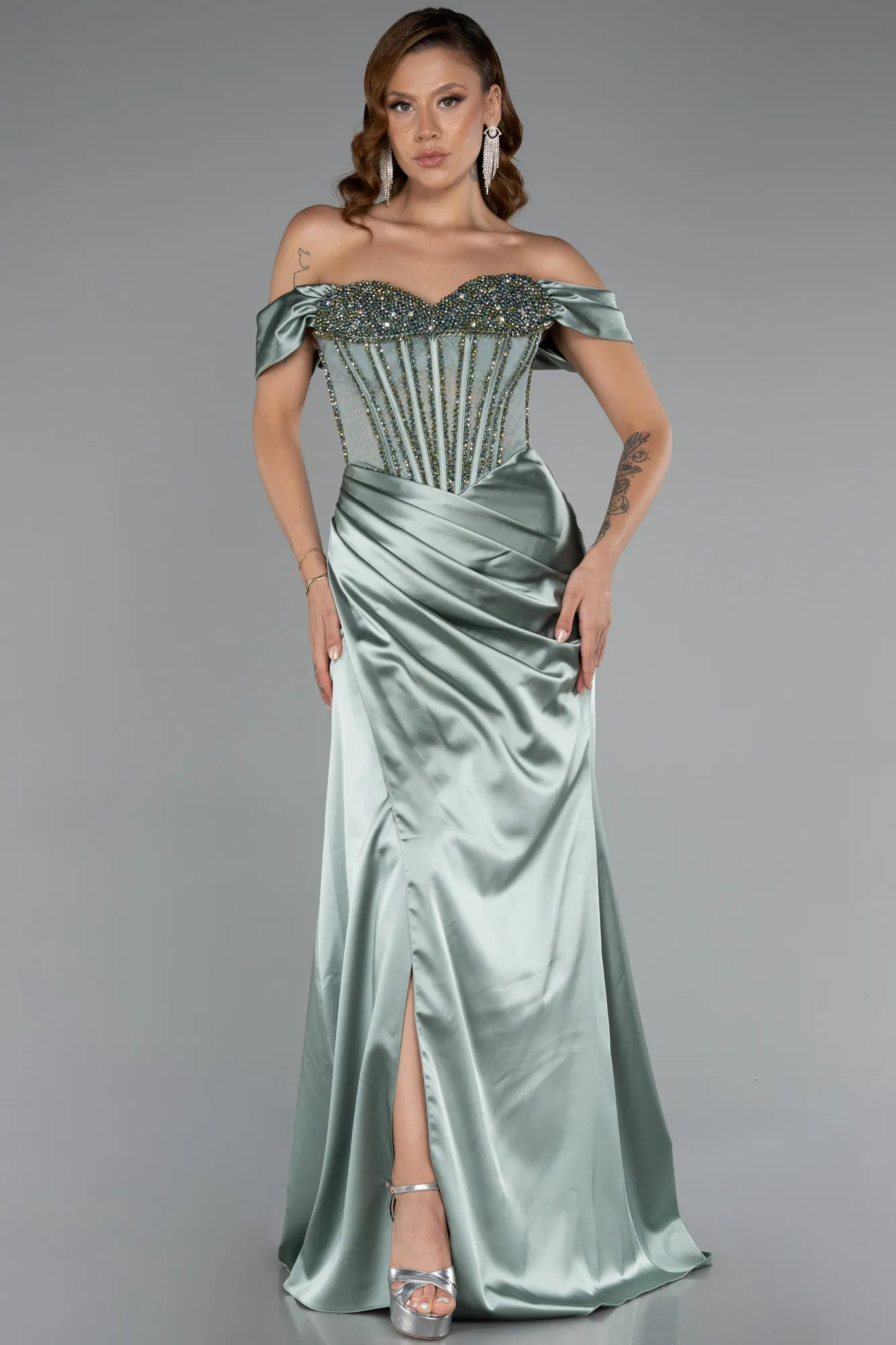 Mint-Long Satin Evening Dress ABU5130