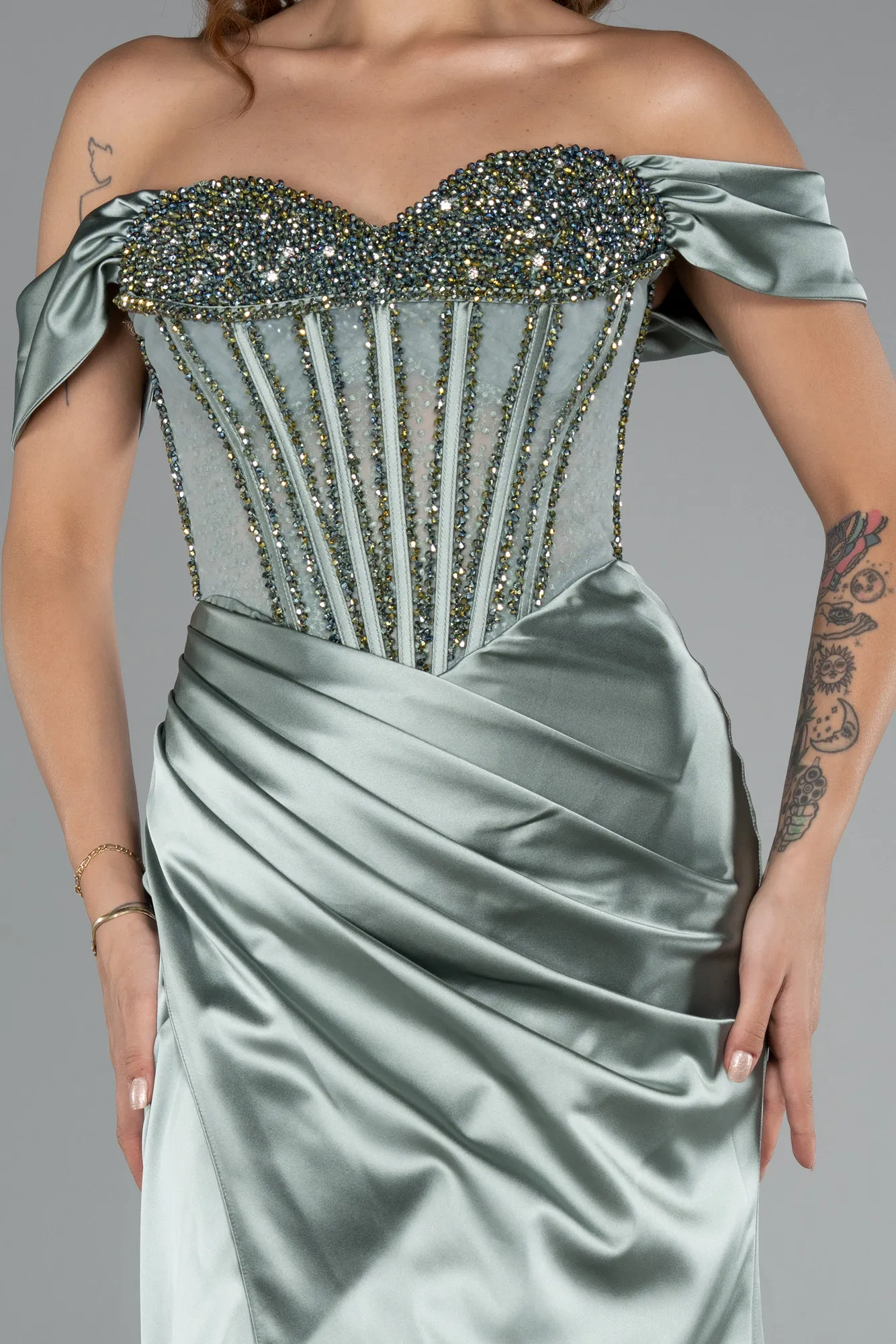 Mint-Long Satin Evening Dress ABU5130