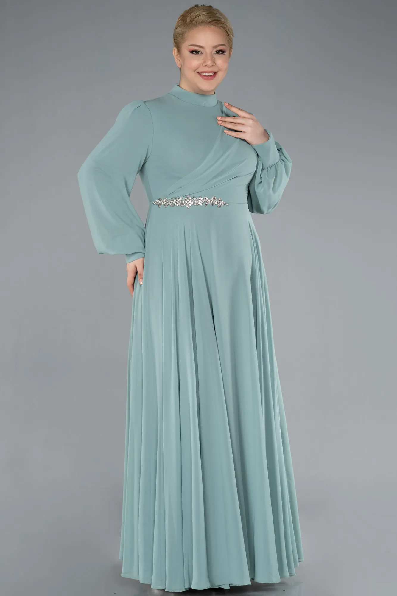 Mint-Long Sleeve Stand Collar Chiffon Plus Size Hijab Evening Gown ABU4882