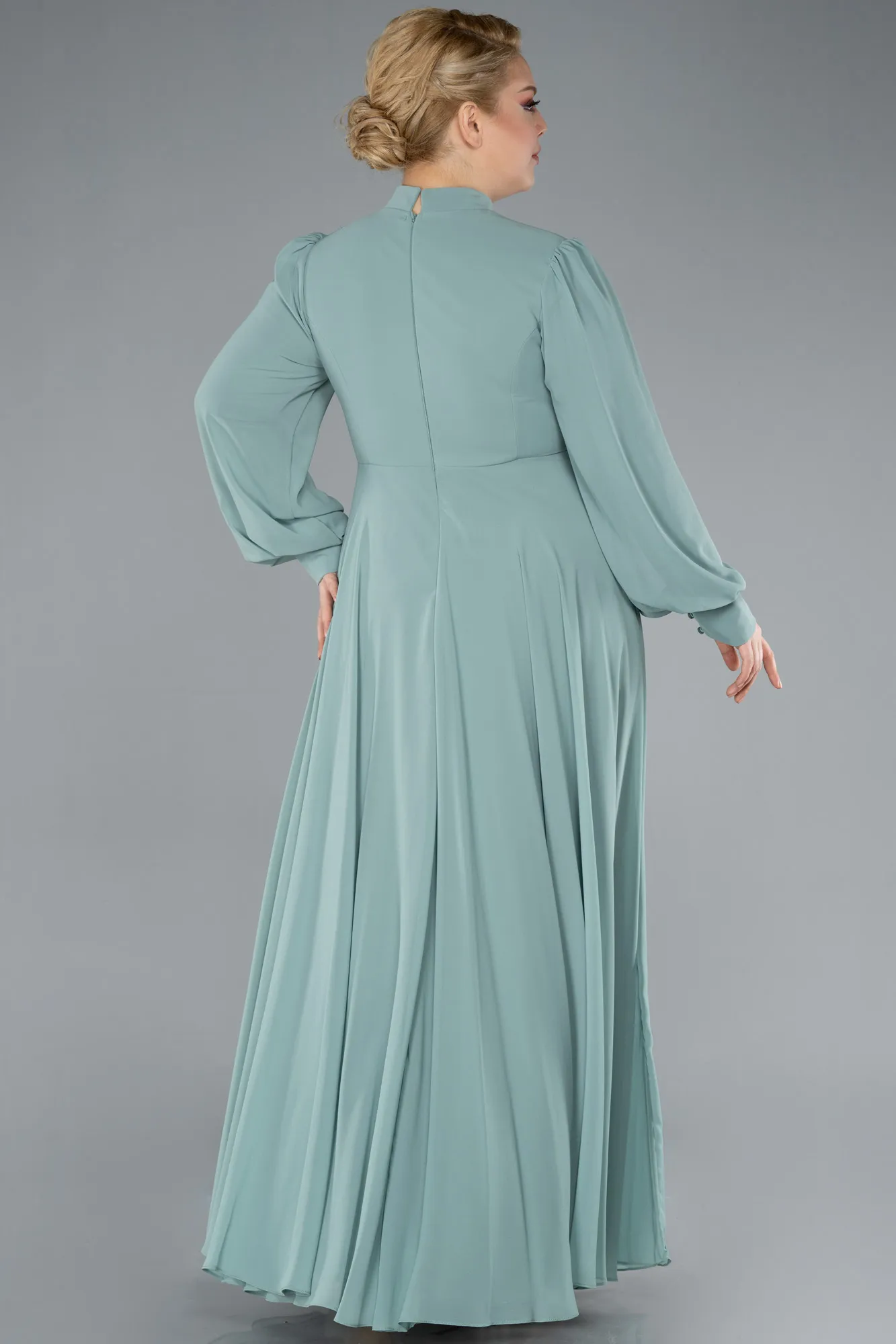 Mint-Long Sleeve Stand Collar Chiffon Plus Size Hijab Evening Gown ABU4882