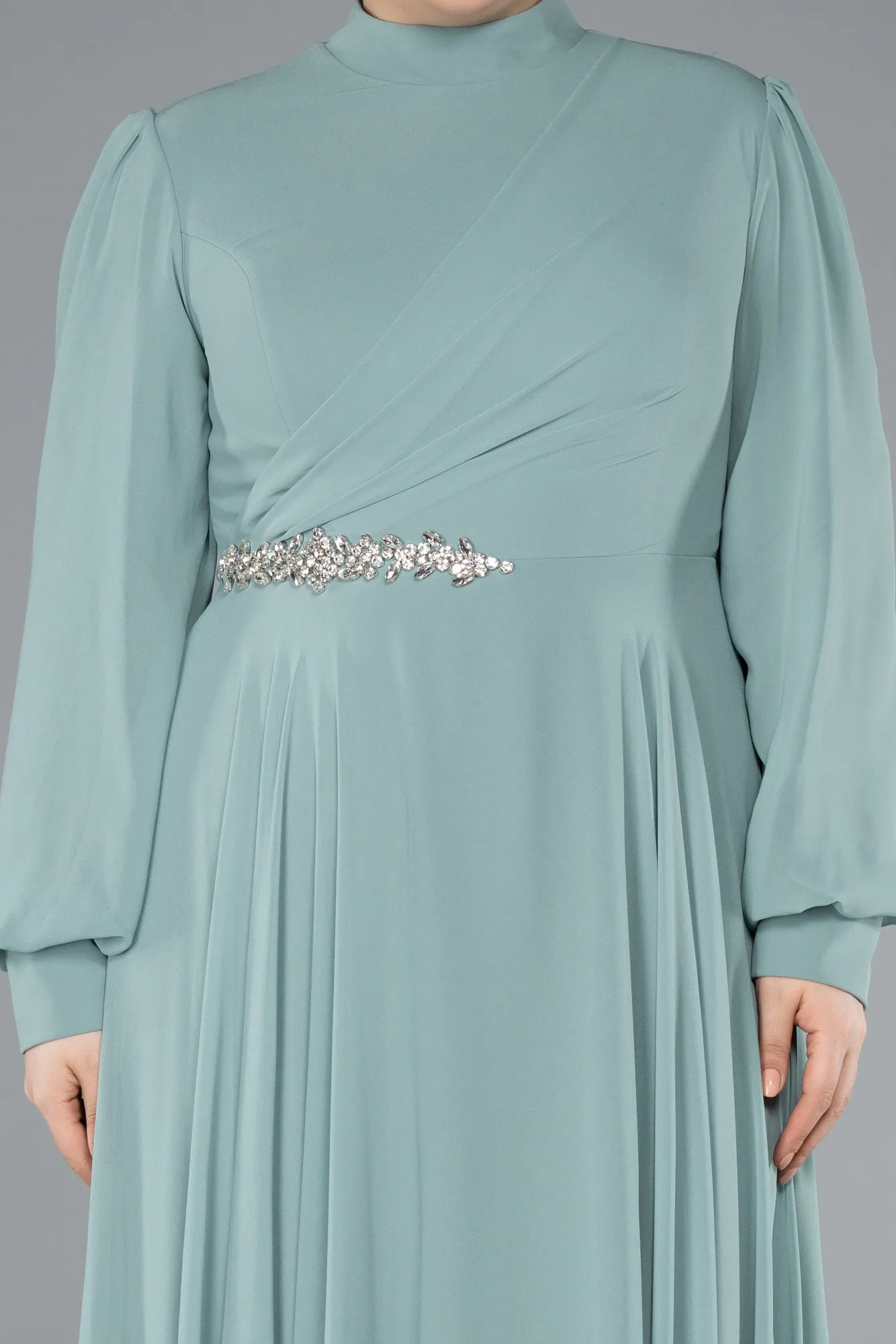 Mint-Long Sleeve Stand Collar Chiffon Plus Size Hijab Evening Gown ABU4882