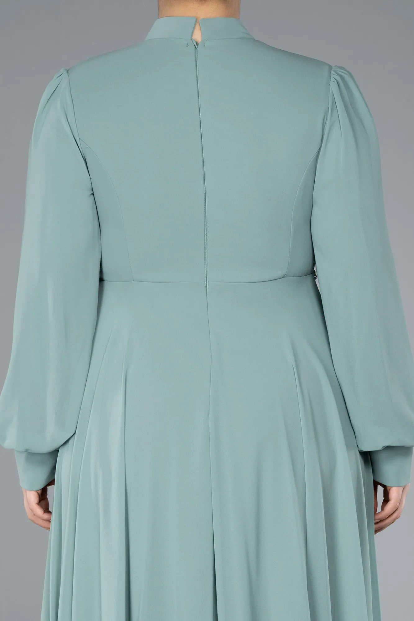 Mint-Long Sleeve Stand Collar Chiffon Plus Size Hijab Evening Gown ABU4882
