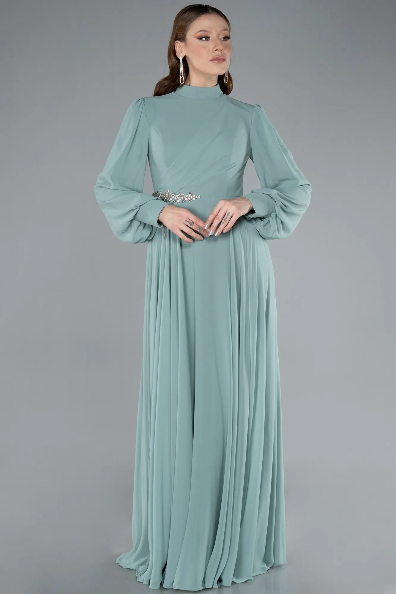 Mint-Long Sleeve Stand Collar Hijab Evening Gown ABU4878