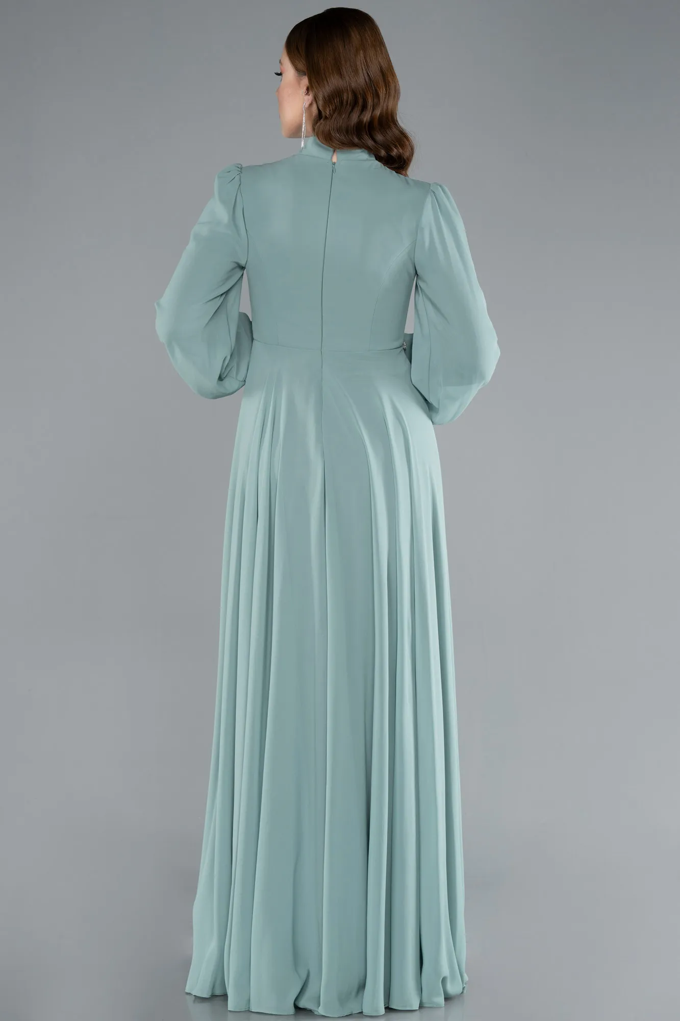 Mint-Long Sleeve Stand Collar Hijab Evening Gown ABU4878