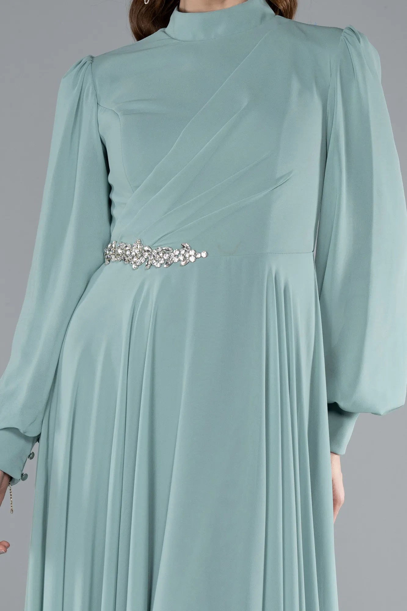 Mint-Long Sleeve Stand Collar Hijab Evening Gown ABU4878