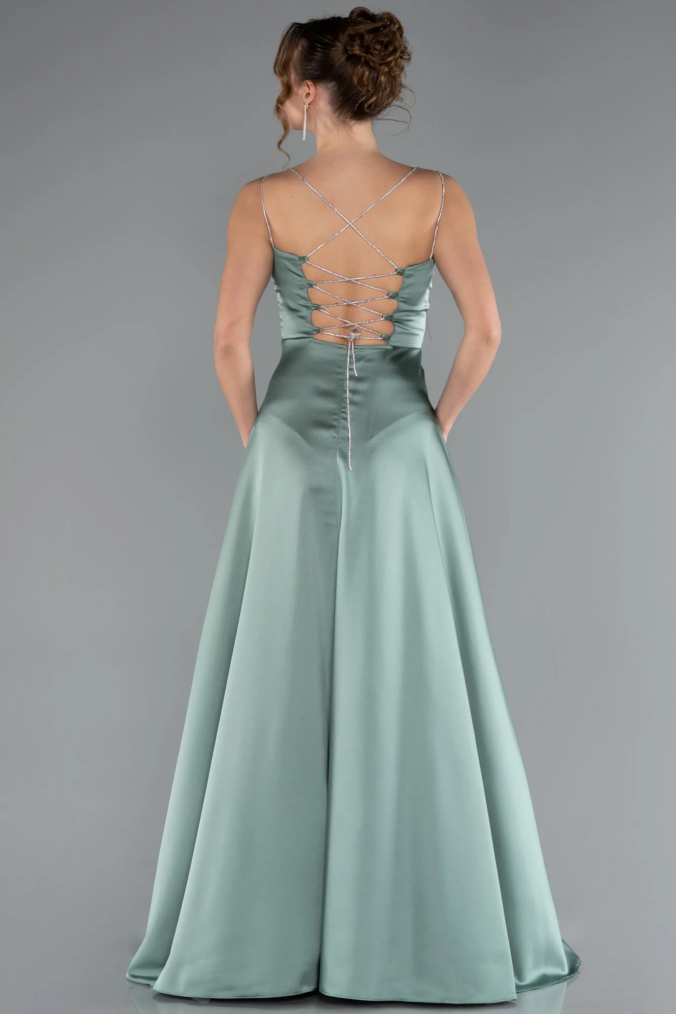Mint-Low Cut Back Long Satin Prom Dress ABU4702