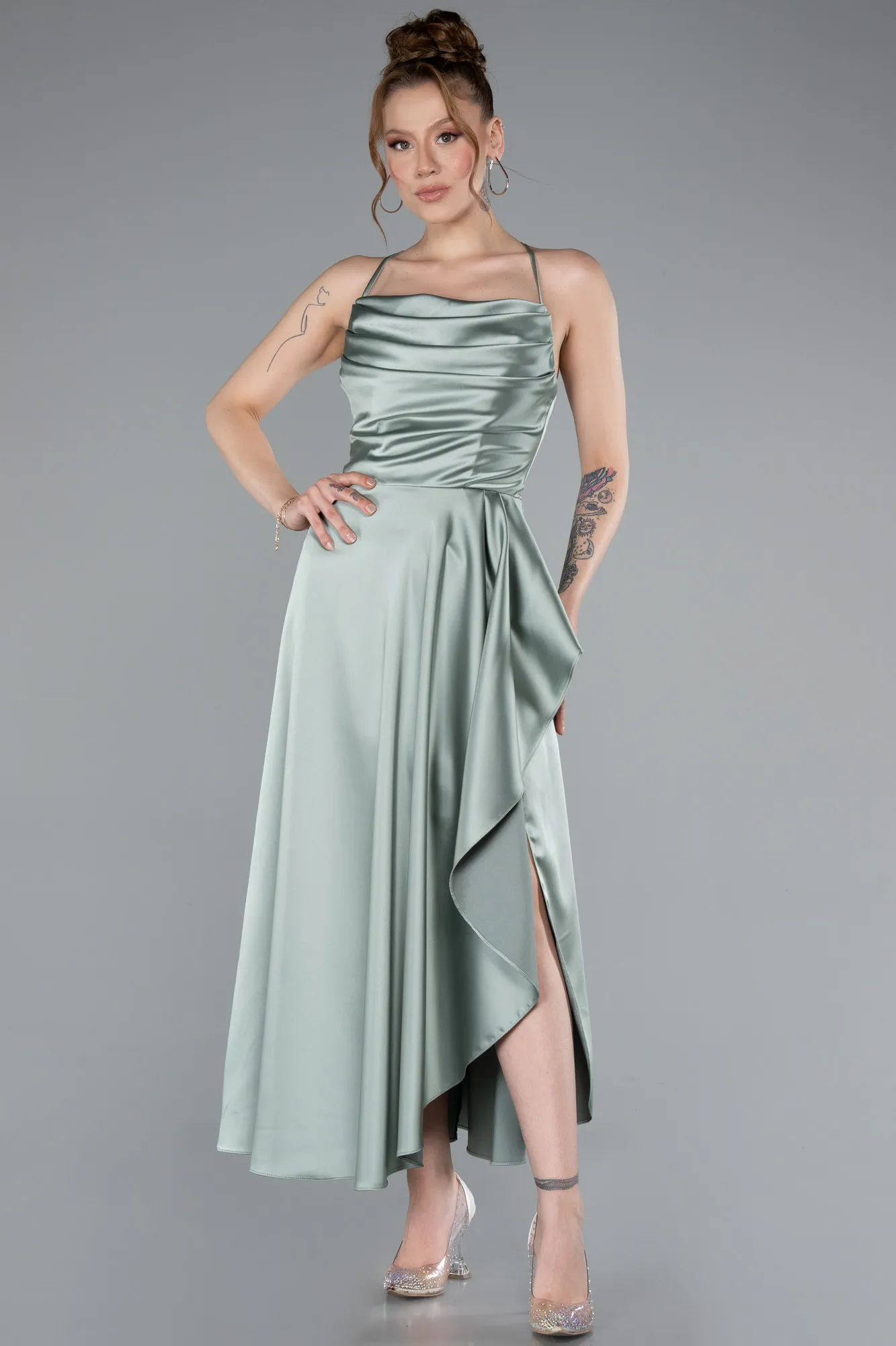 Mint-Midi Satin Invitation Dress ABK1586