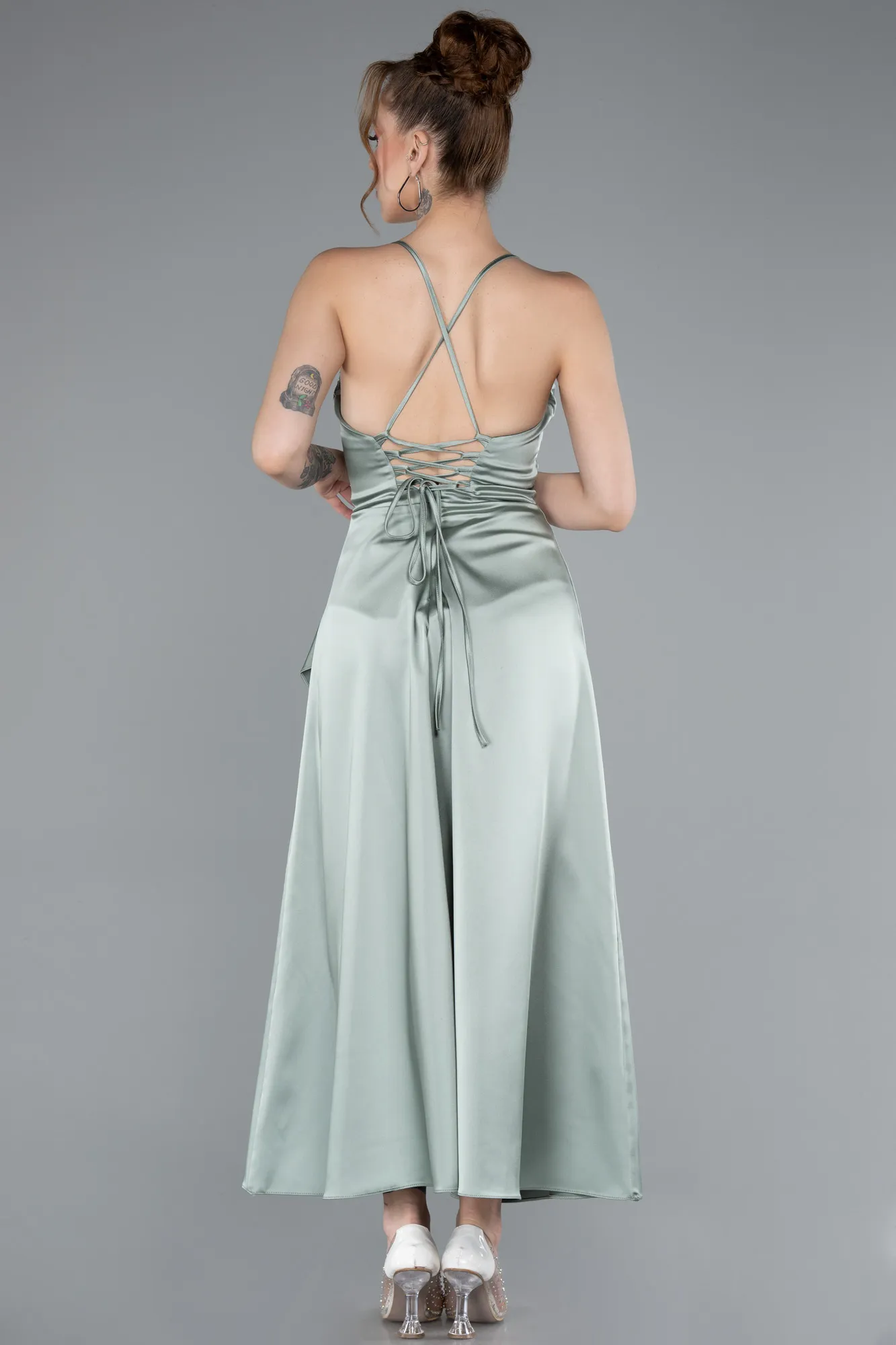 Mint-Midi Satin Invitation Dress ABK1586