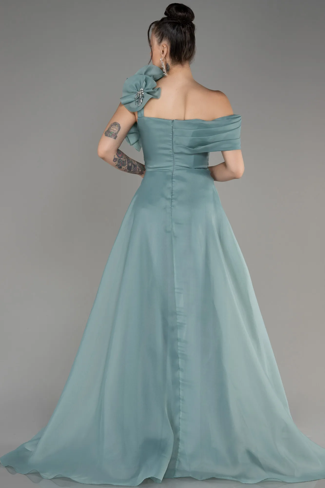 Mint-Off The Shoulder Slit Ball Gown Dress ABU4044