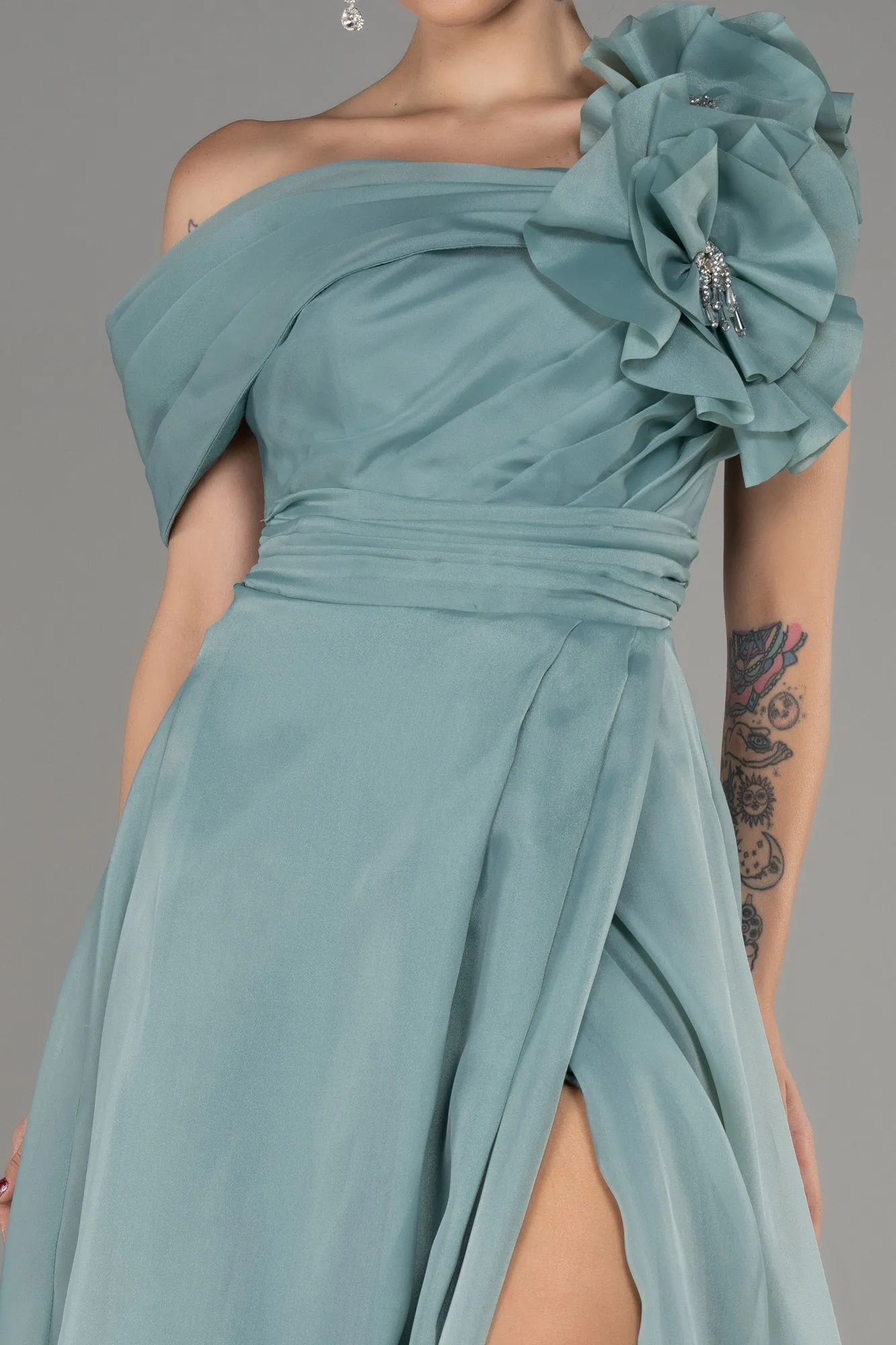 Mint-Off The Shoulder Slit Ball Gown Dress ABU4044