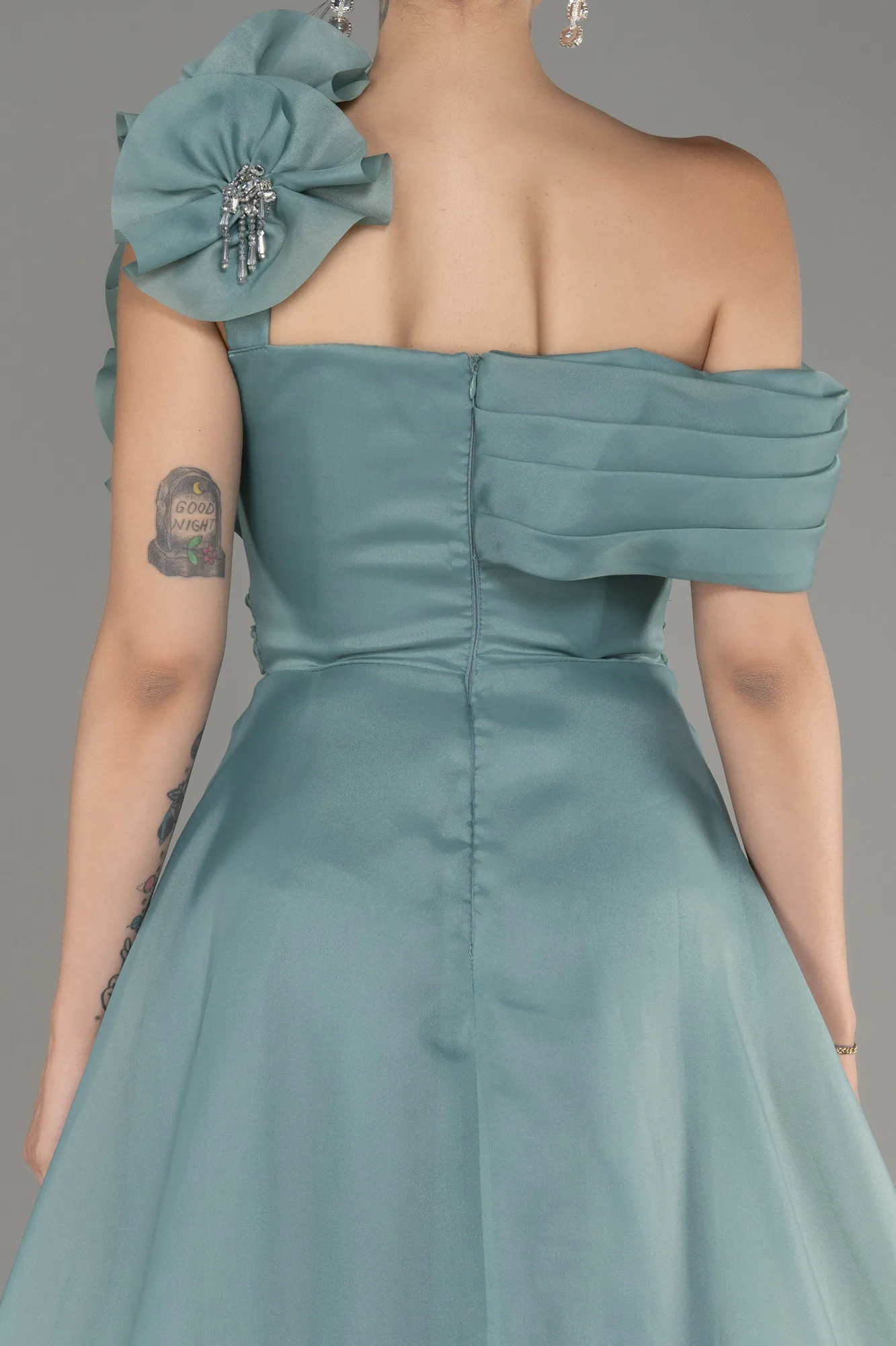 Mint-Off The Shoulder Slit Ball Gown Dress ABU4044