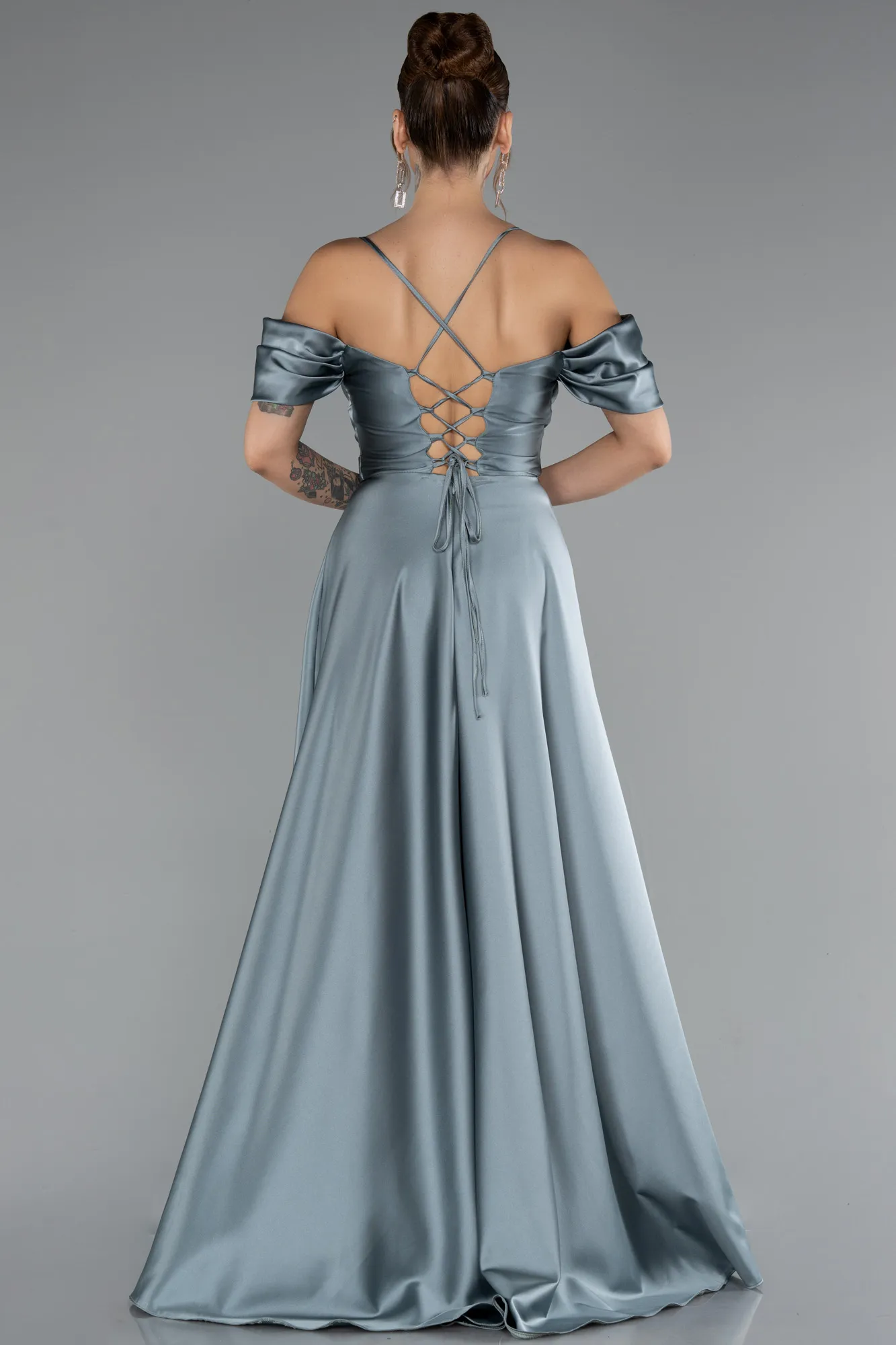 Mint-Off The Shoulder Slit Long Satin Prom Dress ABU4703