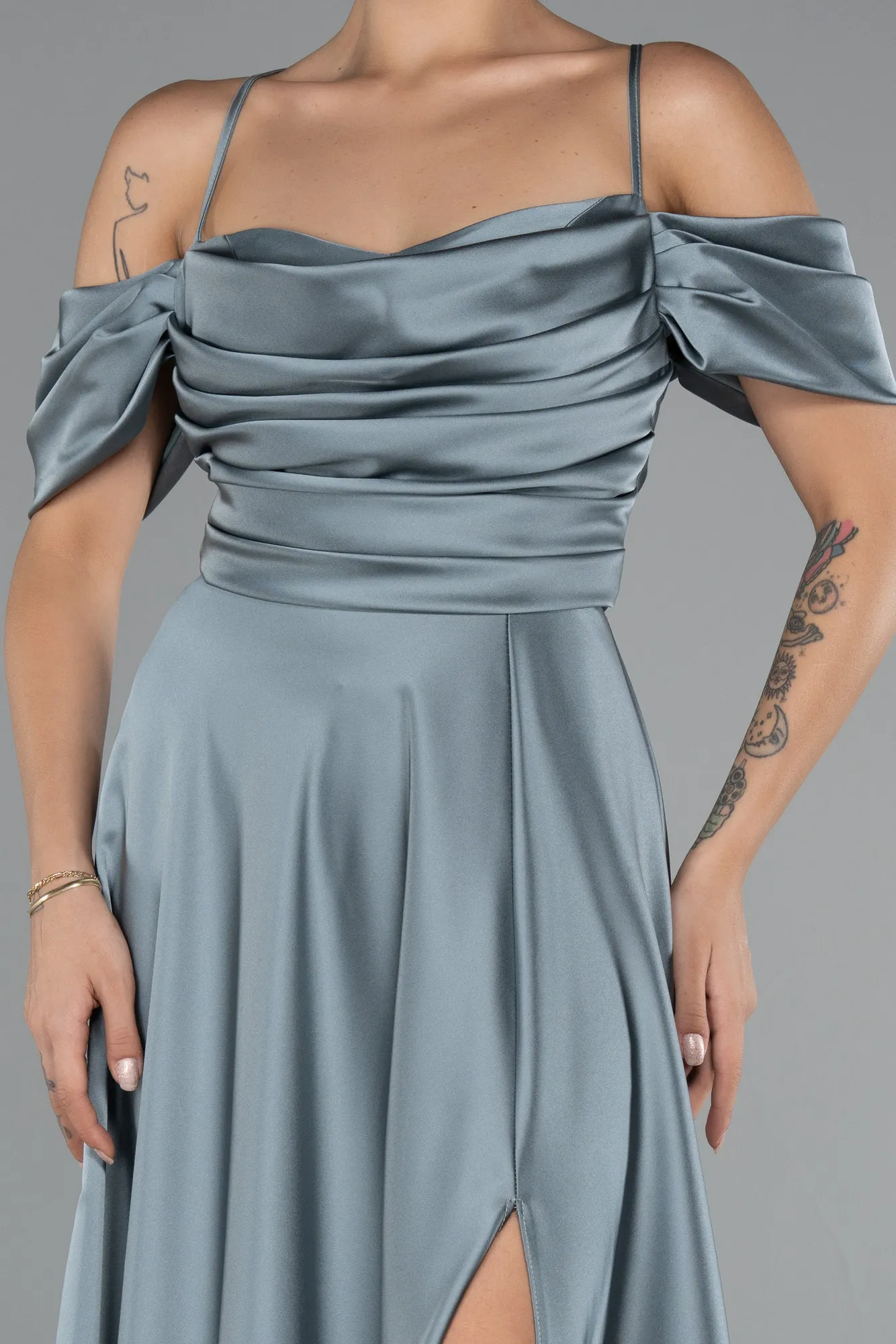 Mint-Off The Shoulder Slit Long Satin Prom Dress ABU4703