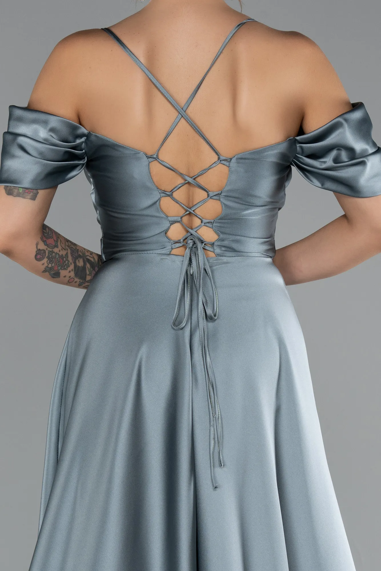 Mint-Off The Shoulder Slit Long Satin Prom Dress ABU4703