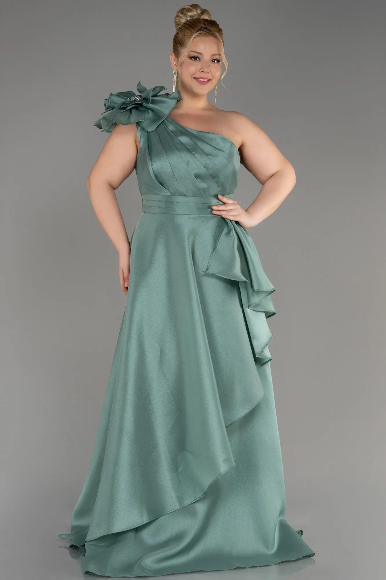 Mint-One Shoulder Long Plus Size Prom Dress ABU3940