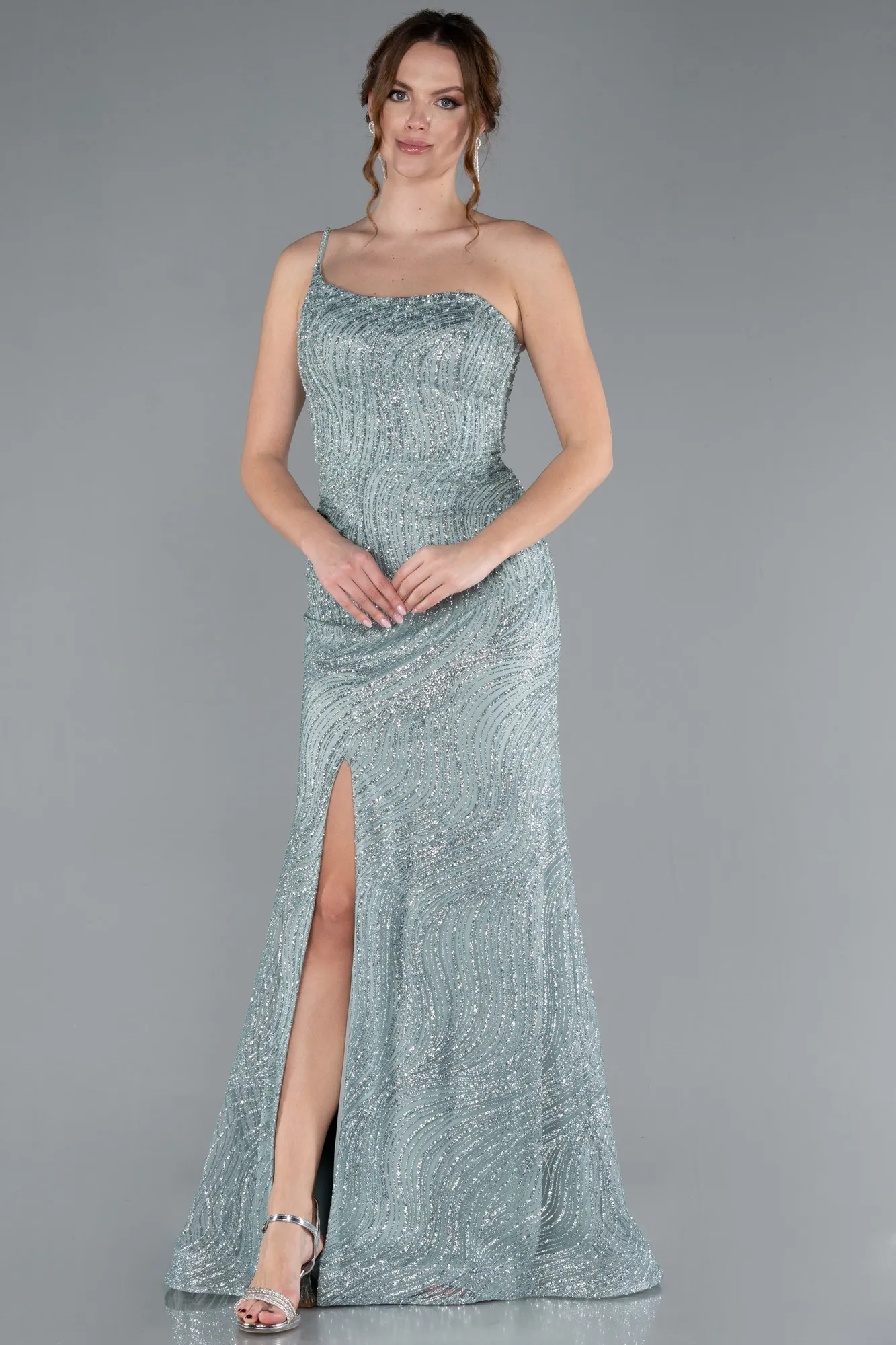 Mint-One Shoulder Slit Long Glitter Evening Gown ABU4786