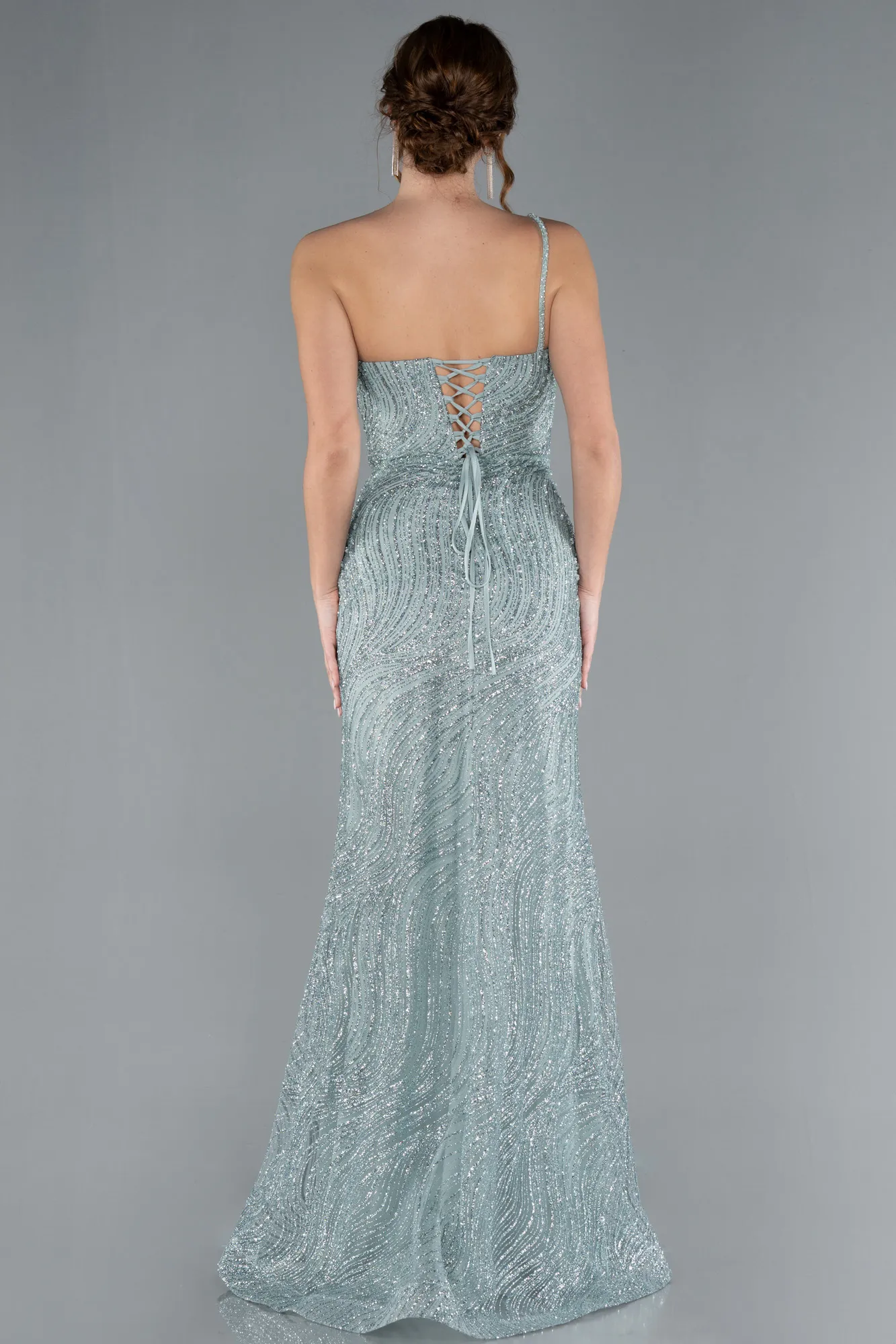 Mint-One Shoulder Slit Long Glitter Evening Gown ABU4786