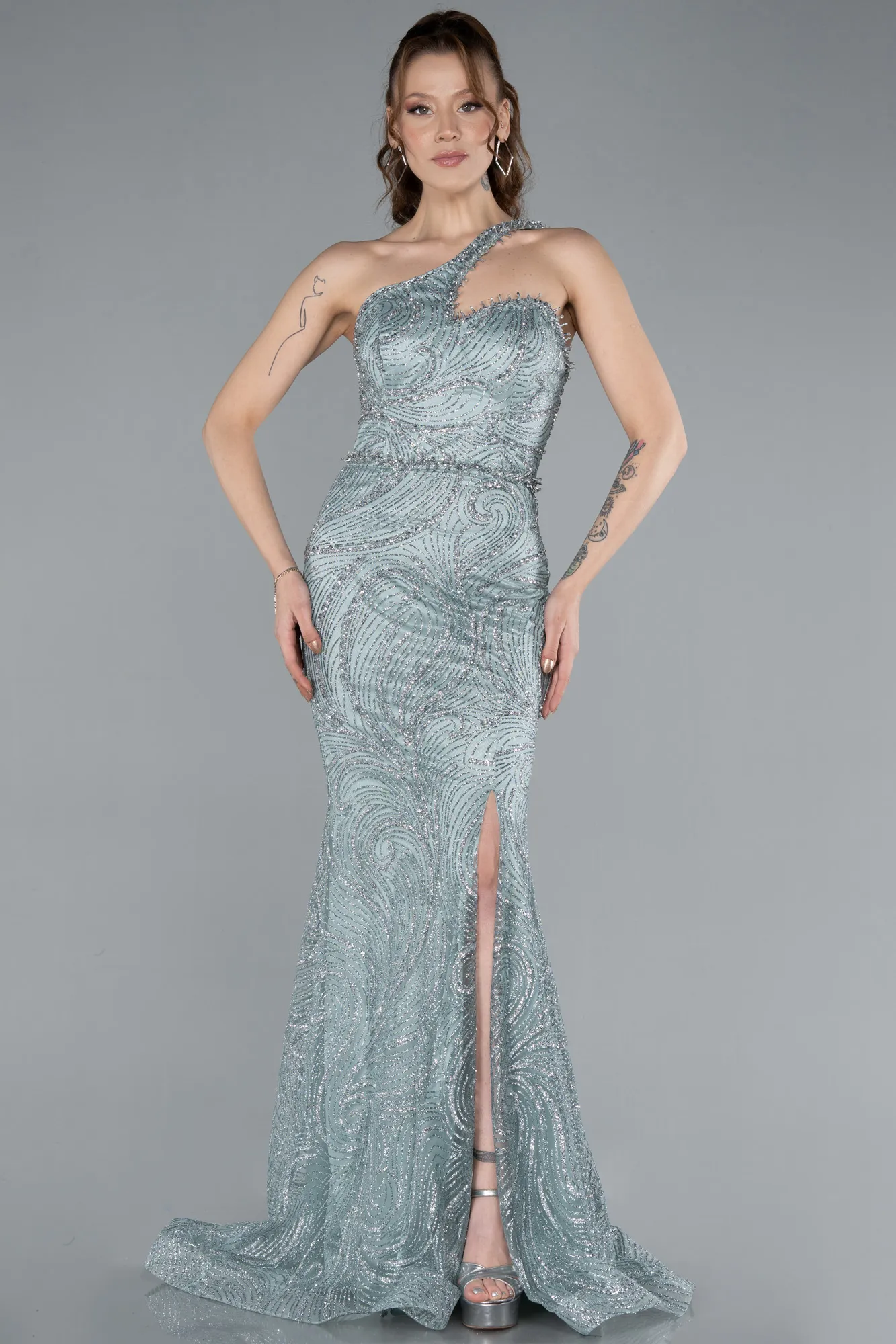 Mint-One Shoulder Slit Long Glitter Mermaid Evening Gown ABU4697