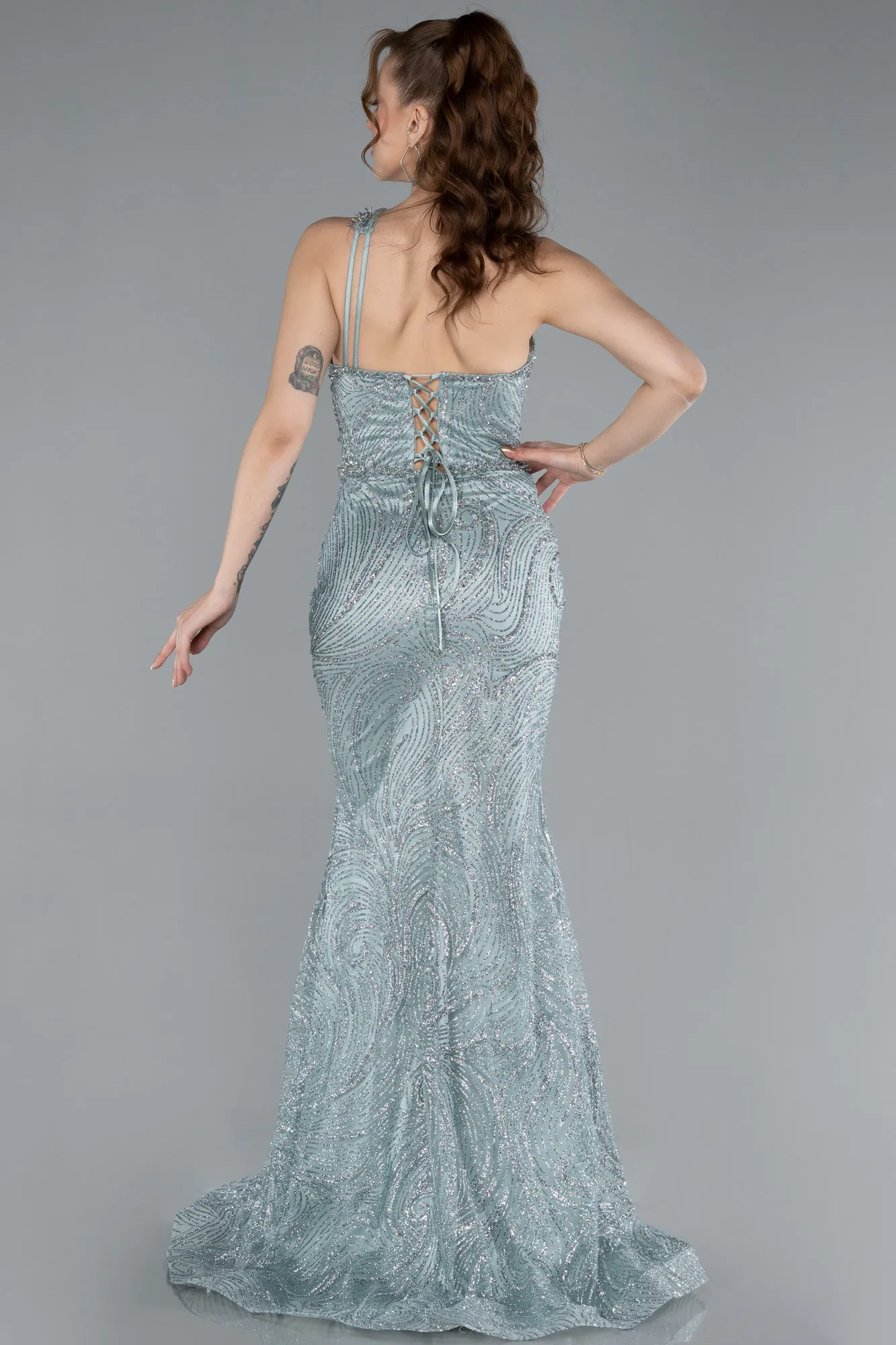 Mint-One Shoulder Slit Long Glitter Mermaid Evening Gown ABU4697