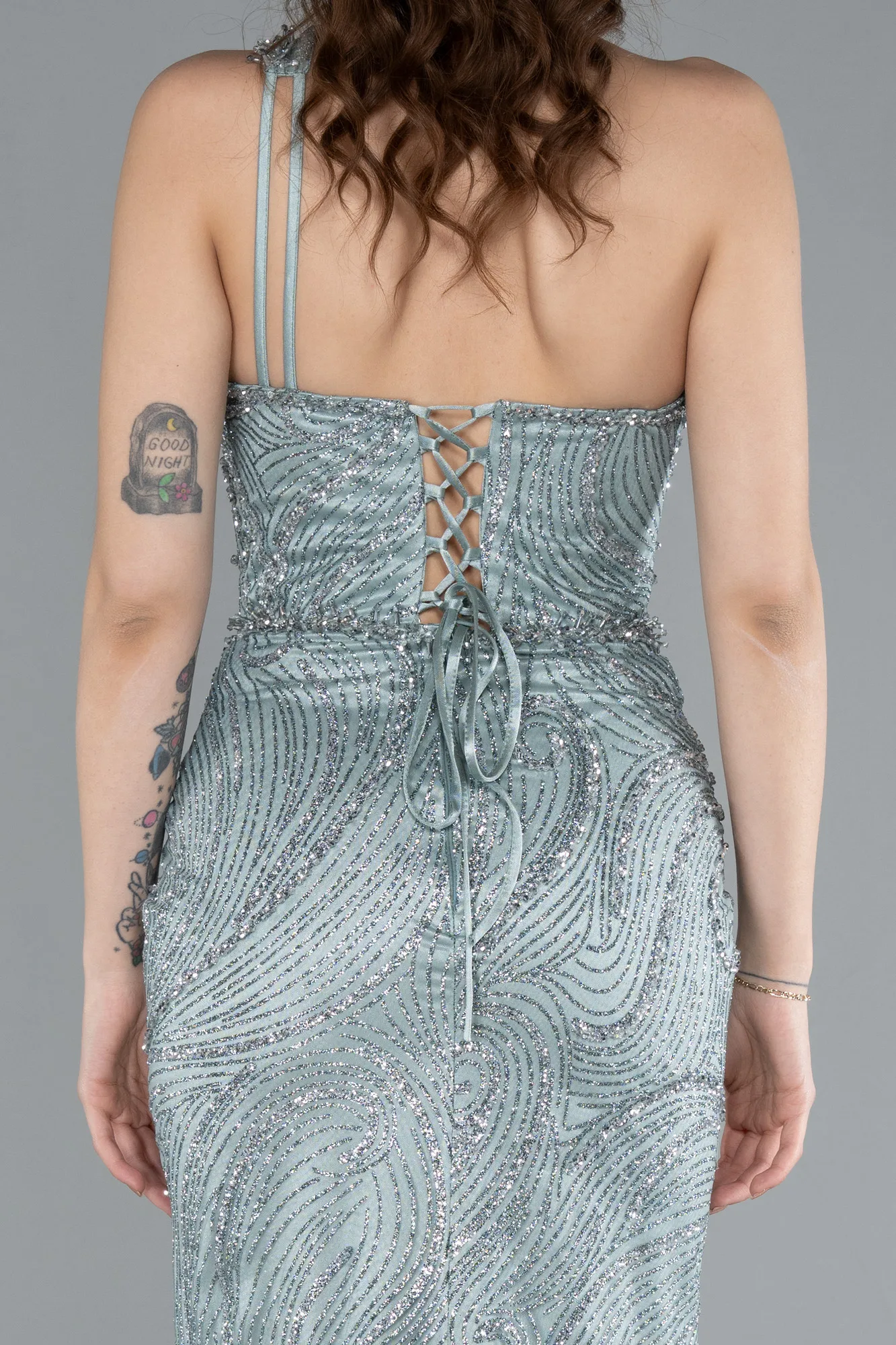 Mint-One Shoulder Slit Long Glitter Mermaid Evening Gown ABU4697