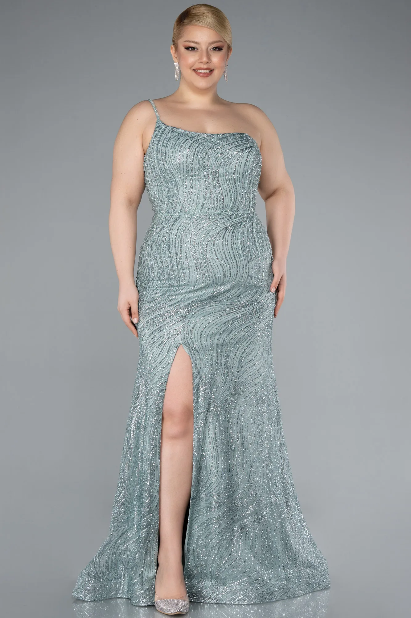 Mint-One Shoulder Slit Long Glitter Plus Size Evening Gown ABU4787