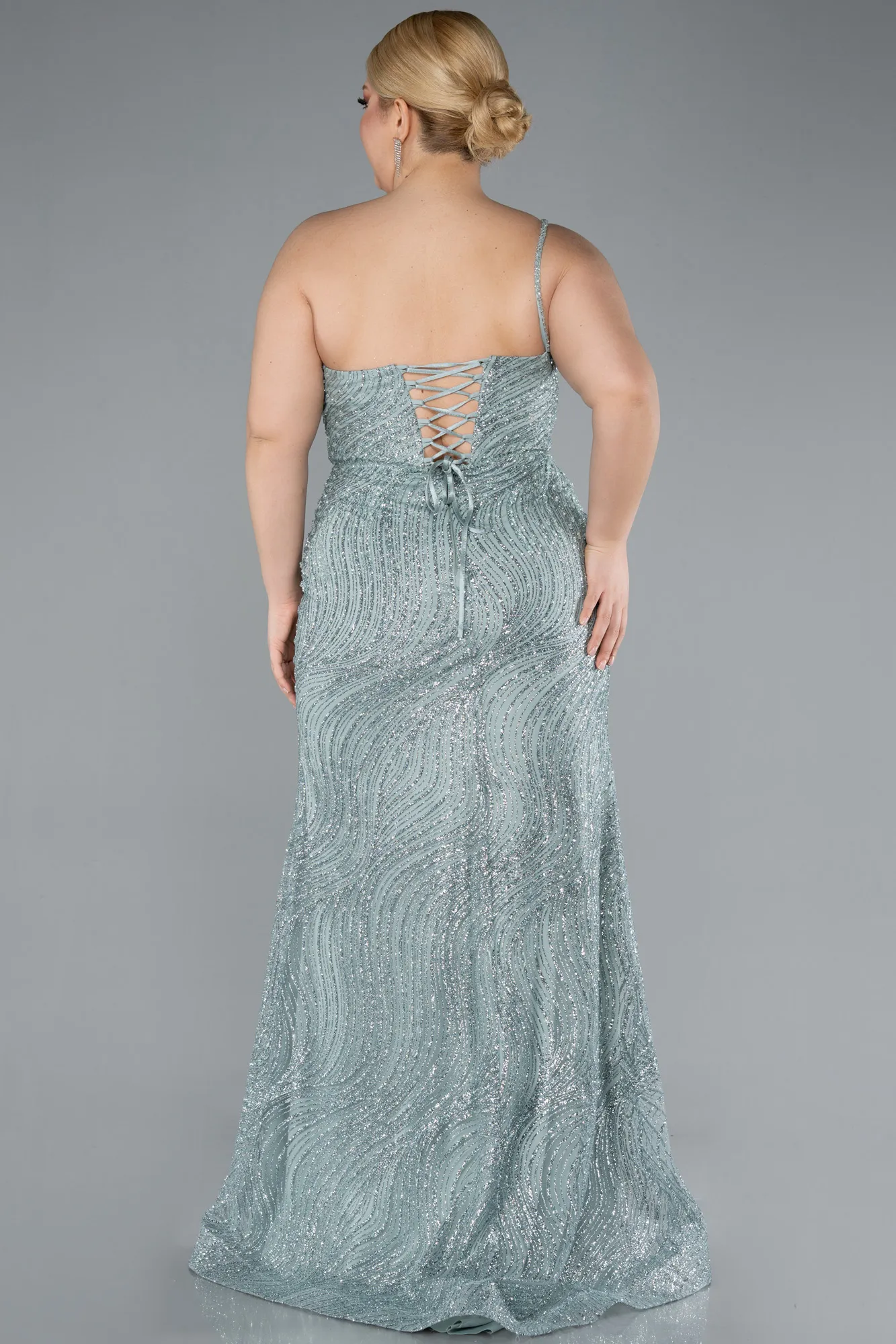 Mint-One Shoulder Slit Long Glitter Plus Size Evening Gown ABU4787
