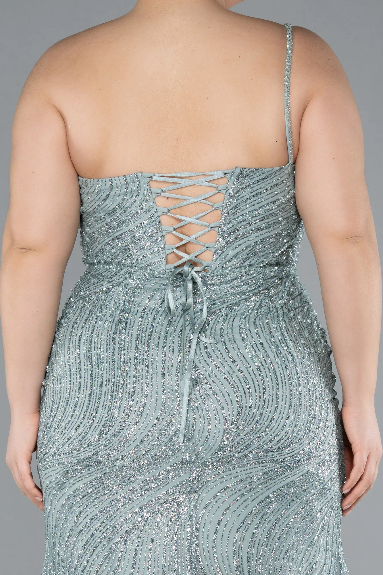 Mint-One Shoulder Slit Long Glitter Plus Size Evening Gown ABU4787