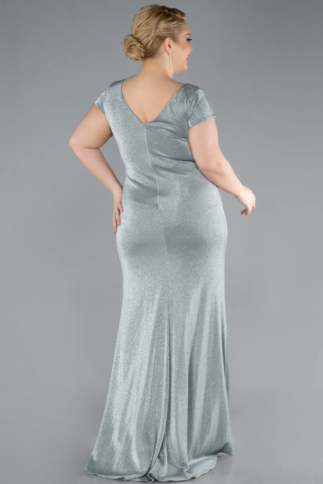 Mint-Short Sleeve V Neck Glitter Long Plus Size Evening Dress ABU5123