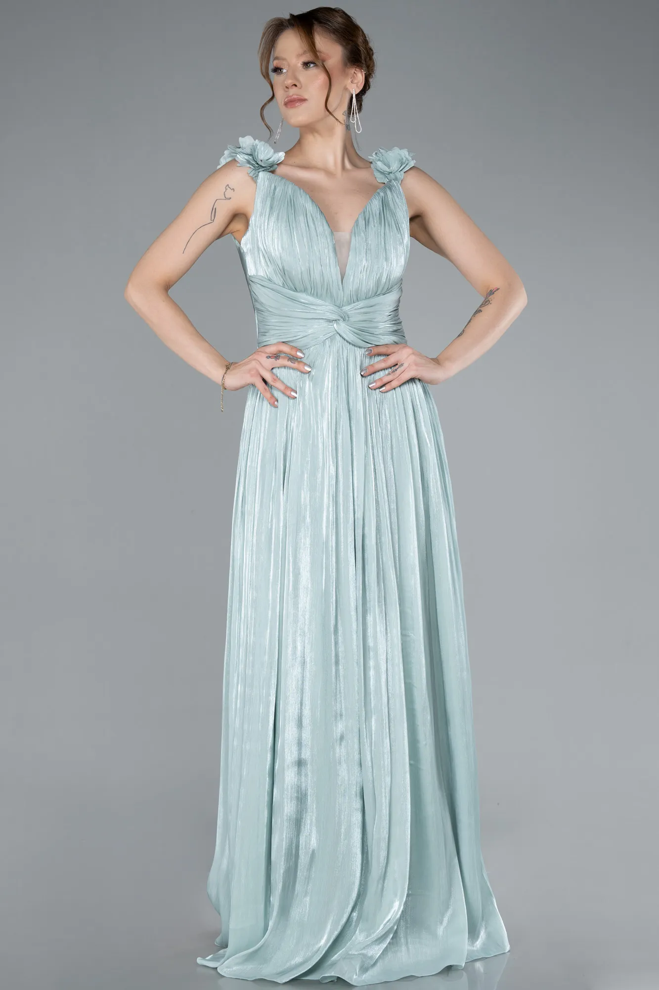 Mint-Sleeveless Long Chiffon Evening Dress ABU4810