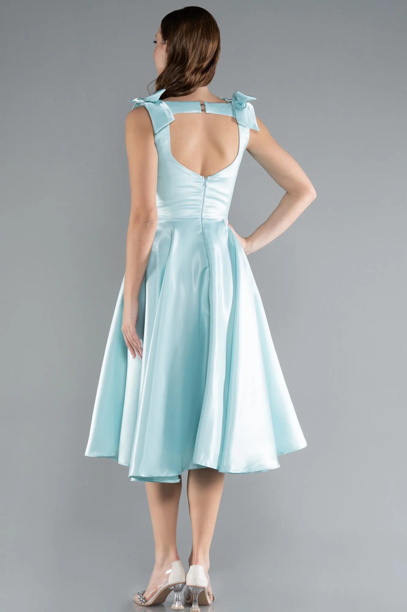 Mint-Sleeveless Square Neck Midi Satin Party Dress ABK2285