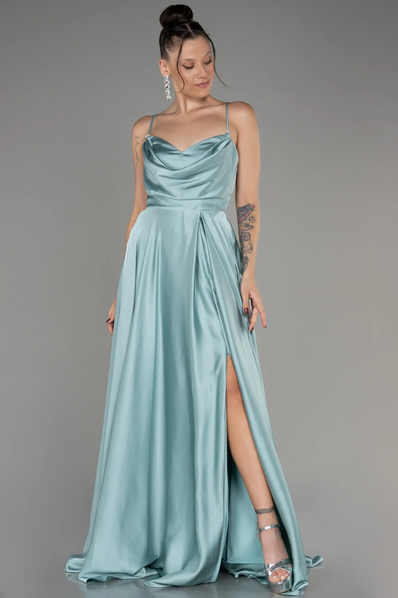 Mint-Slit Long Satin Prom Dress ABU4017