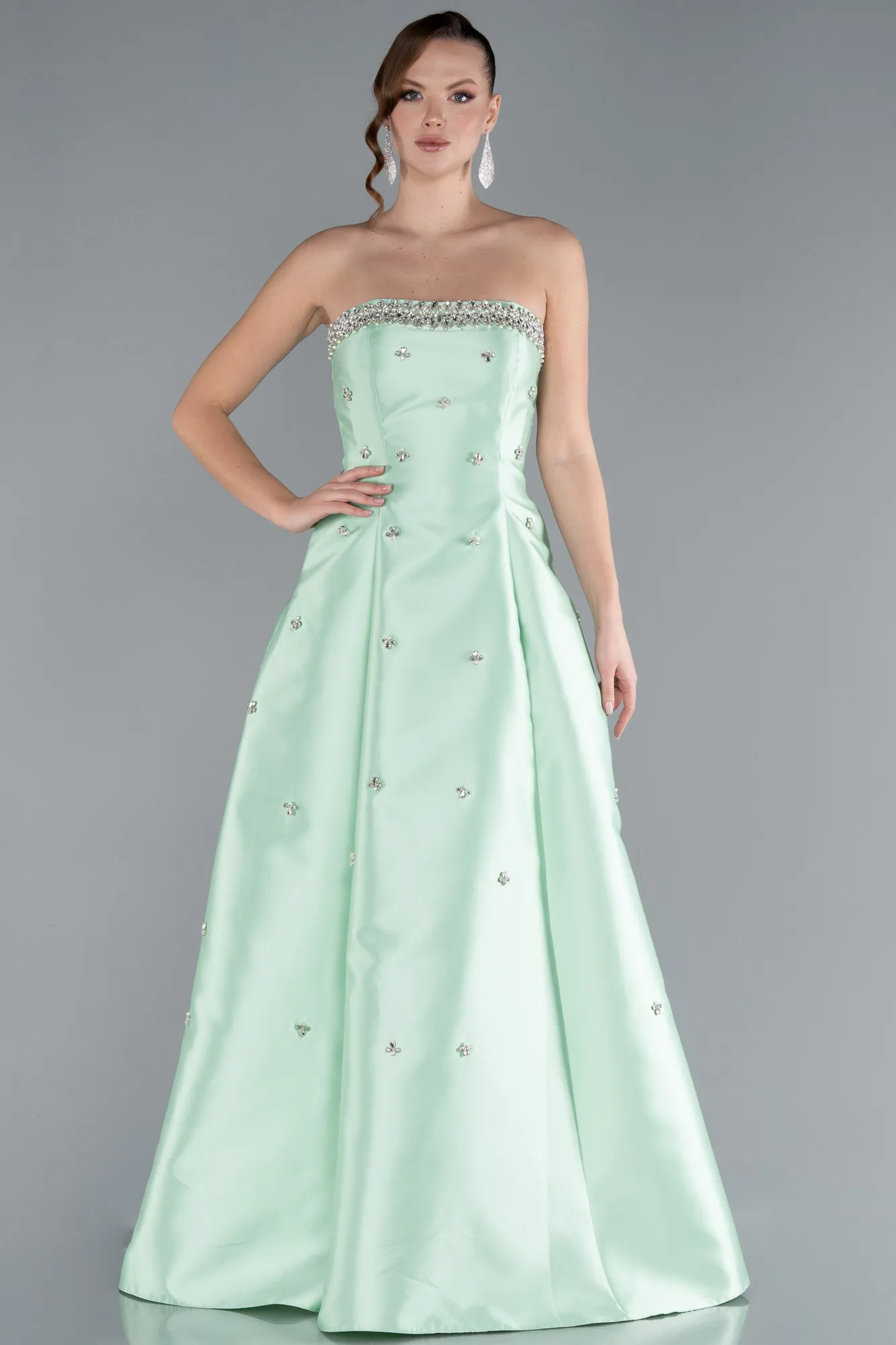 Mint-Stoned Strapless Long Taffeta Evening Dress ABU4743