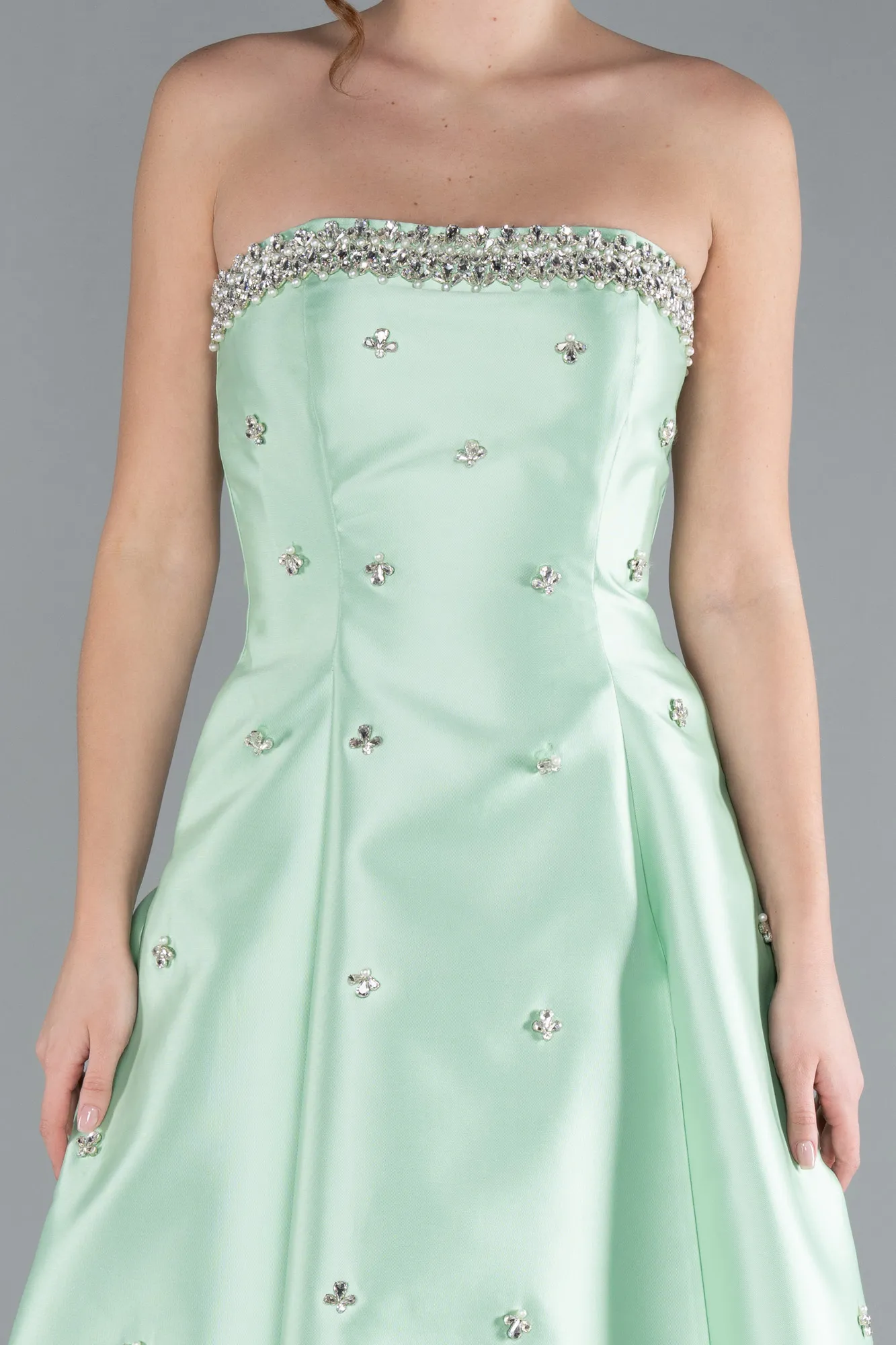 Mint-Stoned Strapless Long Taffeta Evening Dress ABU4743