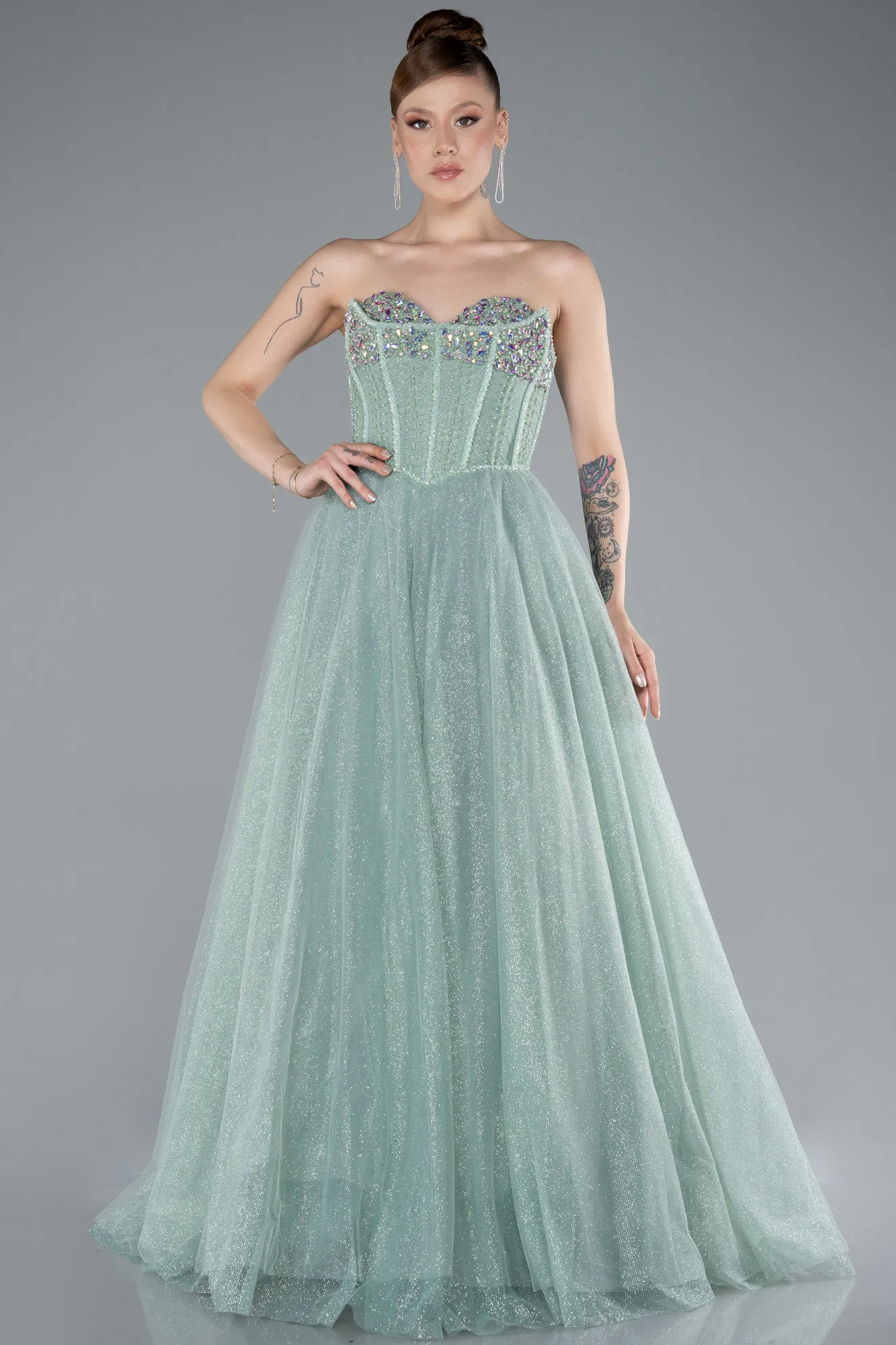 Mint-Stoned Strapless Underwire Long Silvery Ball Gown ABU4689