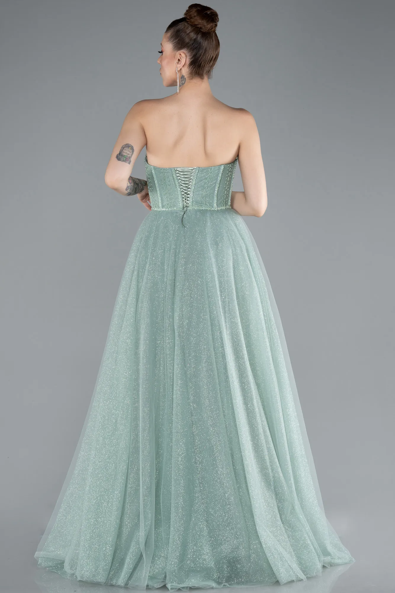 Mint-Stoned Strapless Underwire Long Silvery Ball Gown ABU4689