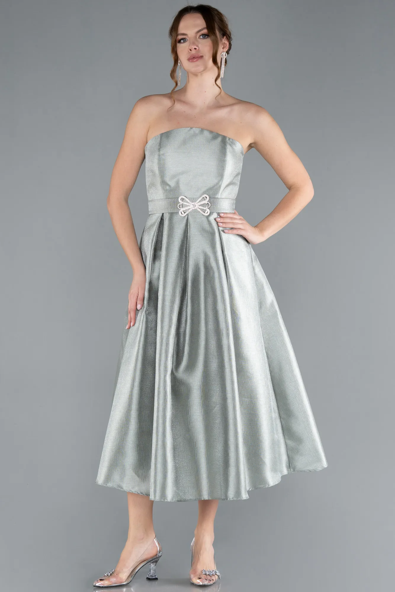 Mint-Strapless Belted Midi Taffeta Party Dress ABK2287