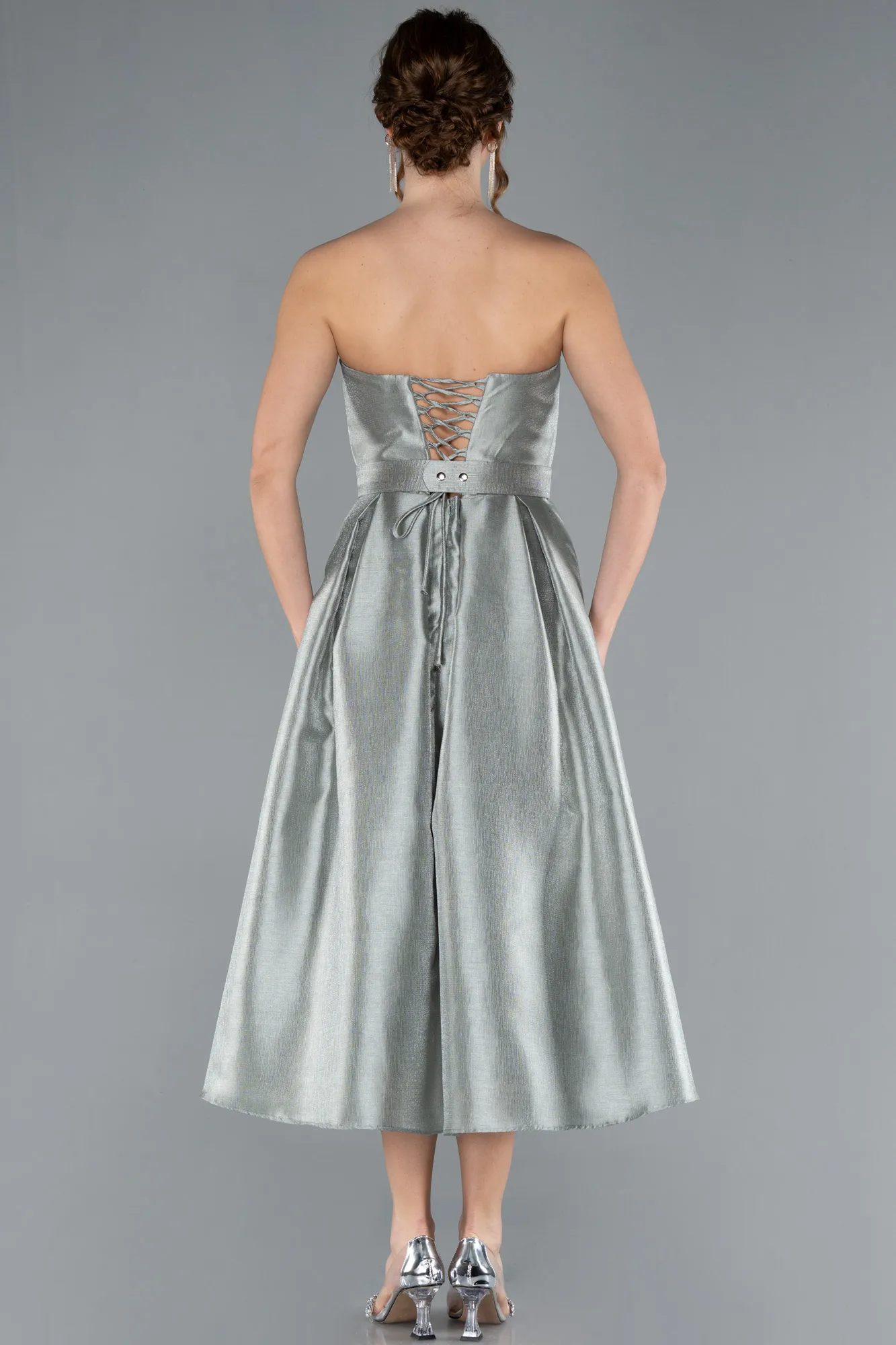 Mint-Strapless Belted Midi Taffeta Party Dress ABK2287