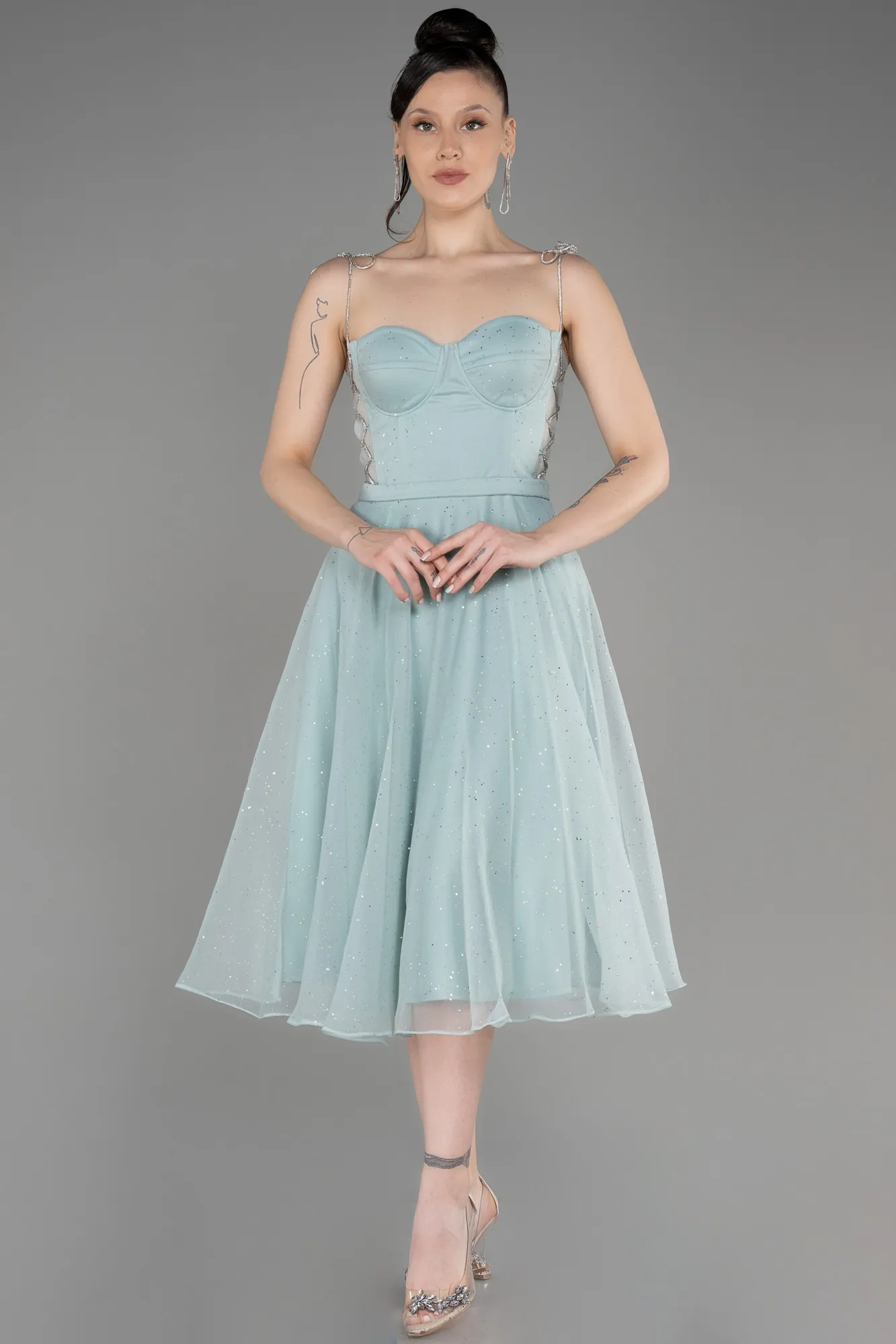 Mint-Strapless Midi Glittery Cocktail Dress ABK2032
