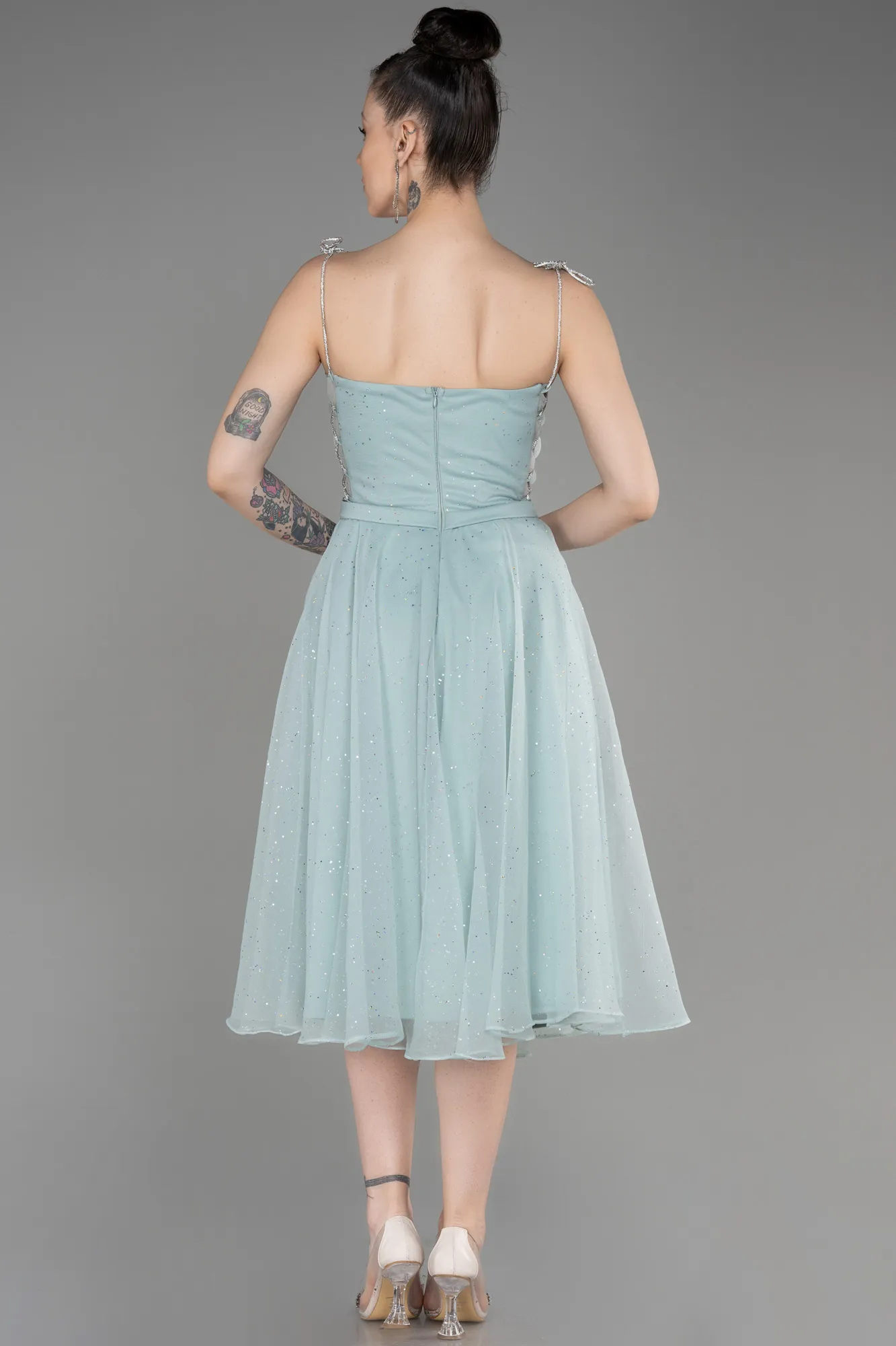 Mint-Strapless Midi Glittery Cocktail Dress ABK2032